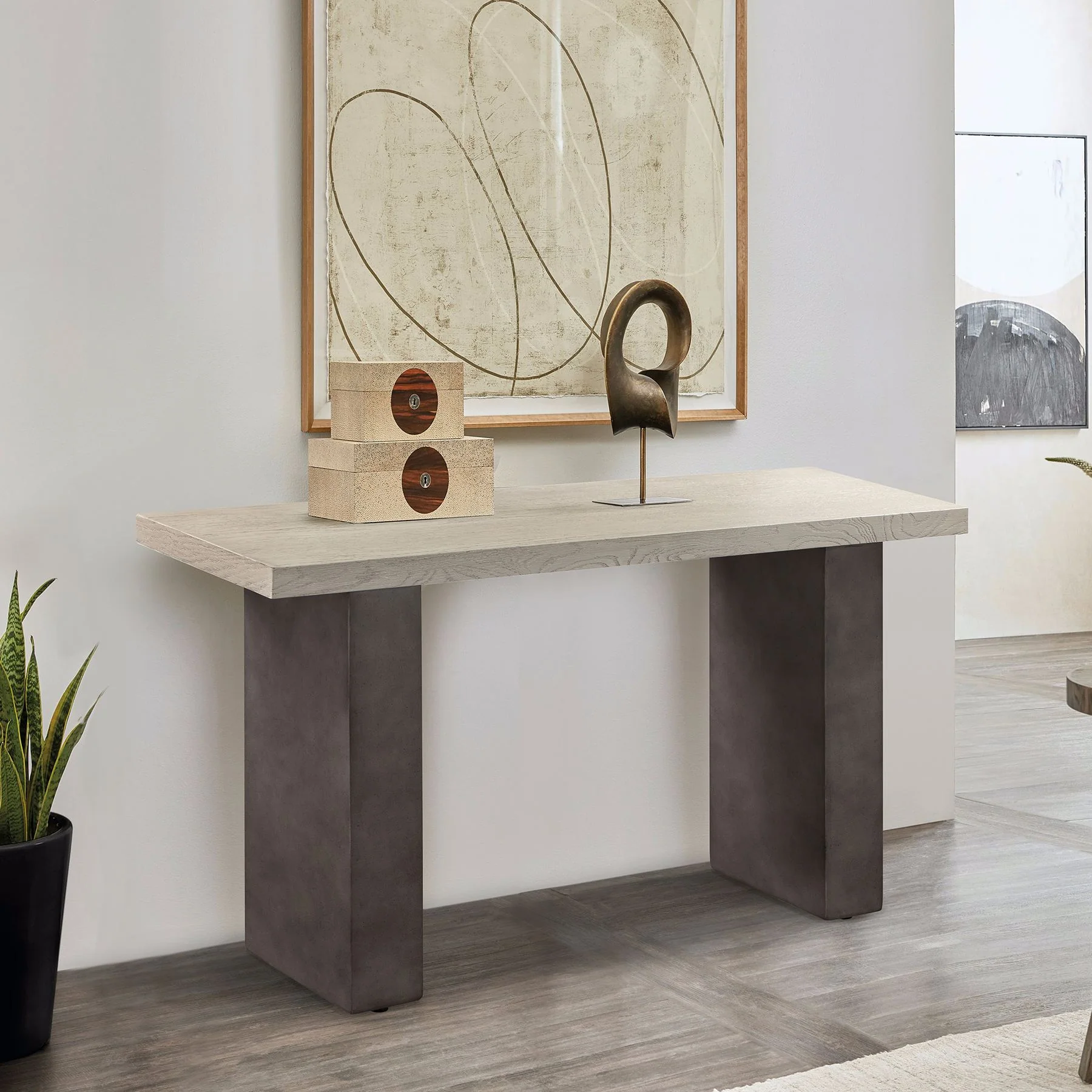 Abbey Concrete and Gray Oak Wood Console Table - Image 8