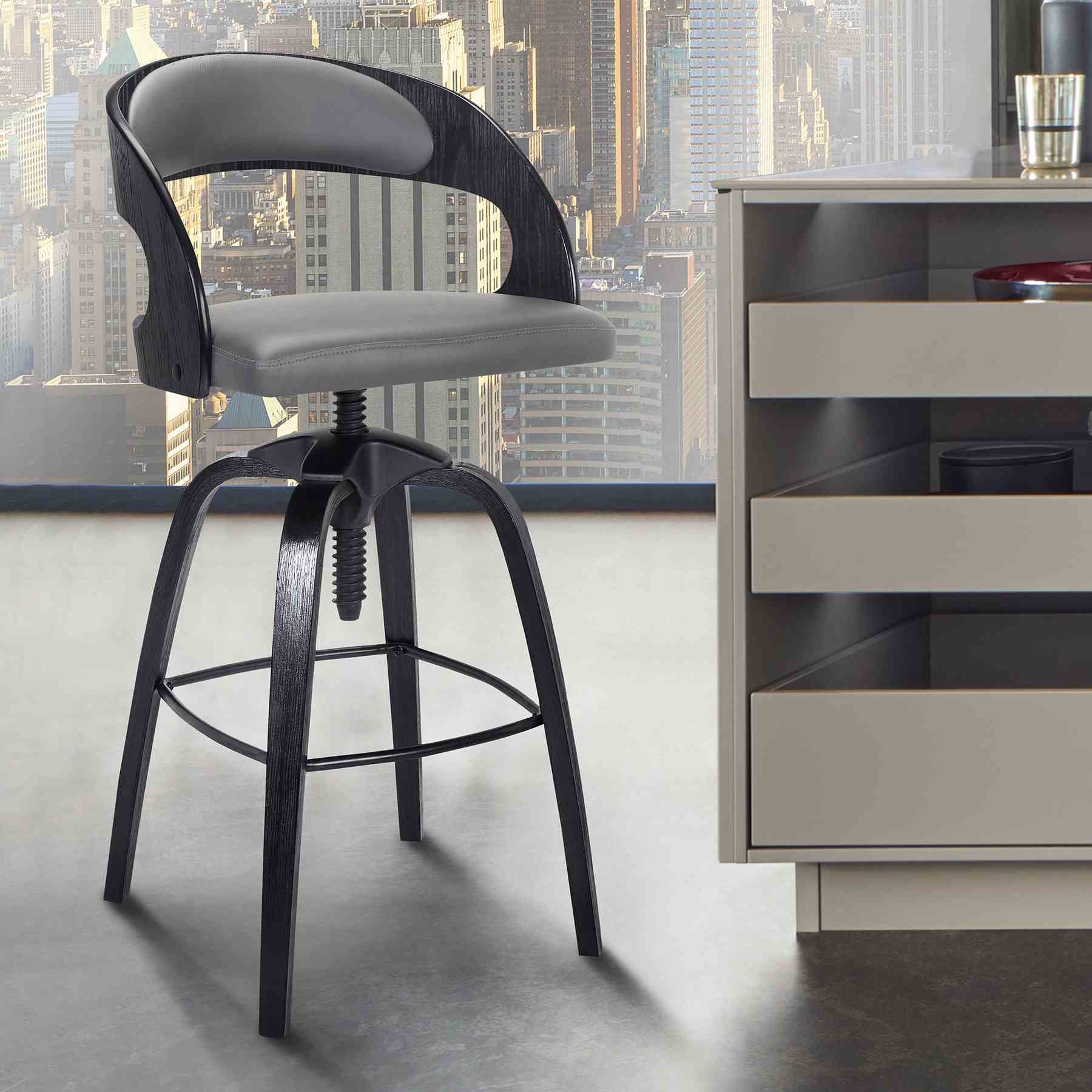 Abby Contemporary Adjustable Barstool in Black Brushed Wood Finish and Gray Faux Leather - Image 3
