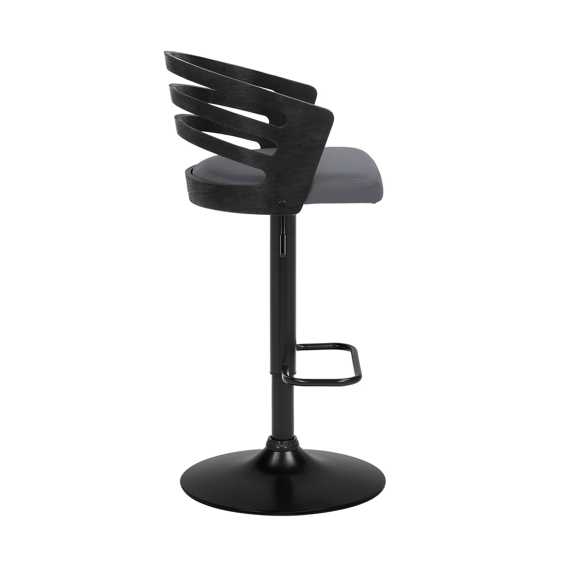 Adele Adjustable Height Swivel Gray Faux Leather and Black Wood Bar Stool with Black Base - Image 3