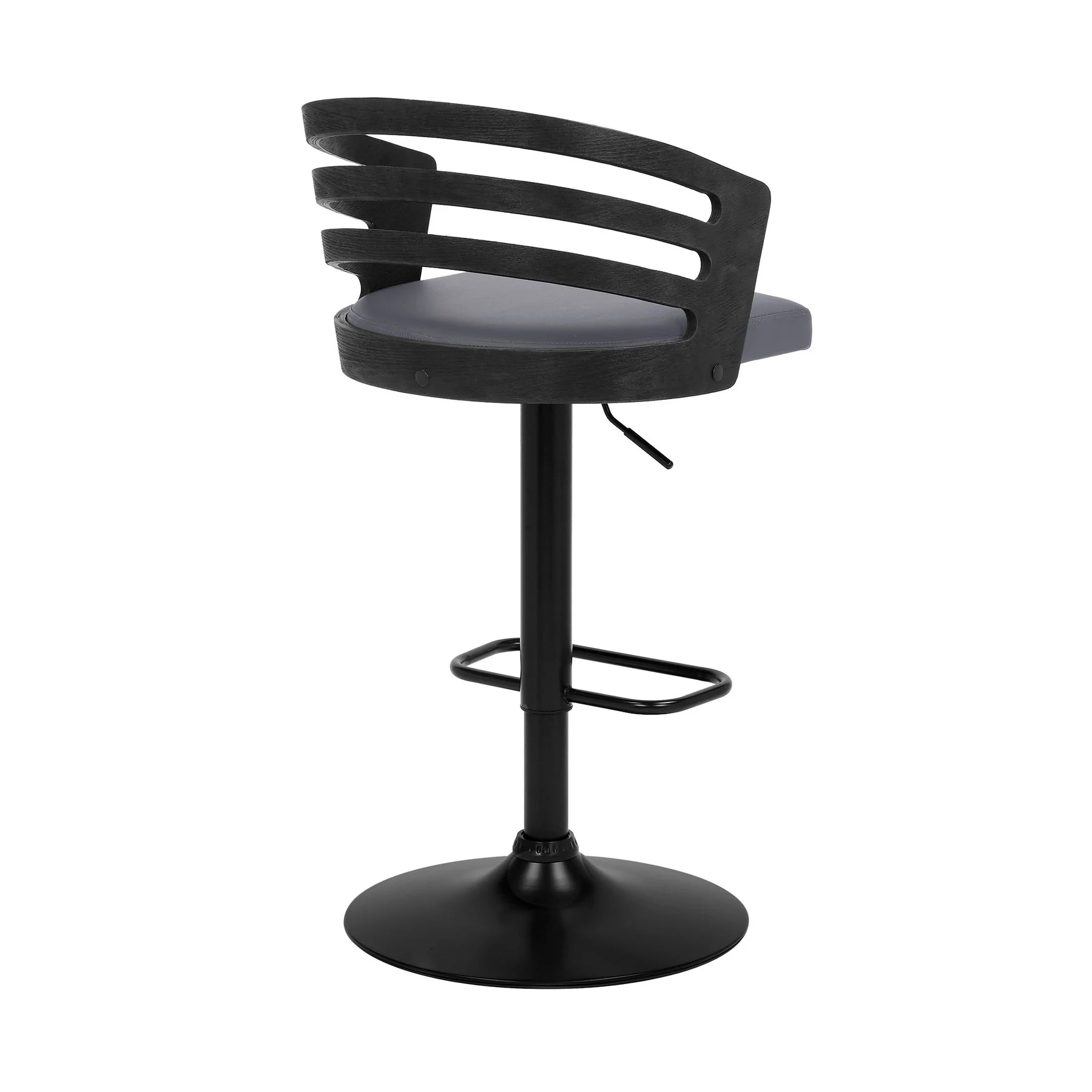 Adele Adjustable Height Swivel Gray Faux Leather and Black Wood Bar Stool with Black Base - Image 4