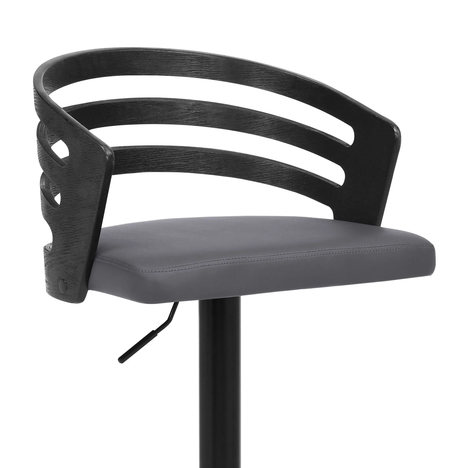 Adele Adjustable Height Swivel Gray Faux Leather and Black Wood Bar Stool with Black Base - Image 6