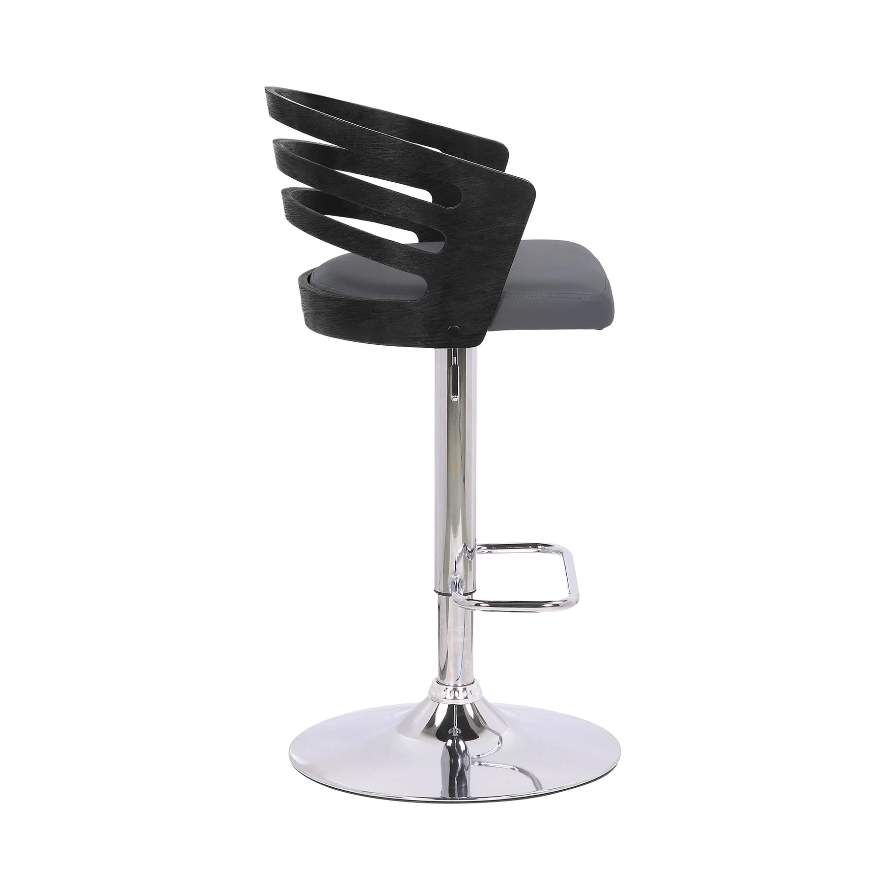 Adele Adjustable Height Swivel Gray Faux Leather and Black Wood Bar Stool with Chrome Base - Image 3