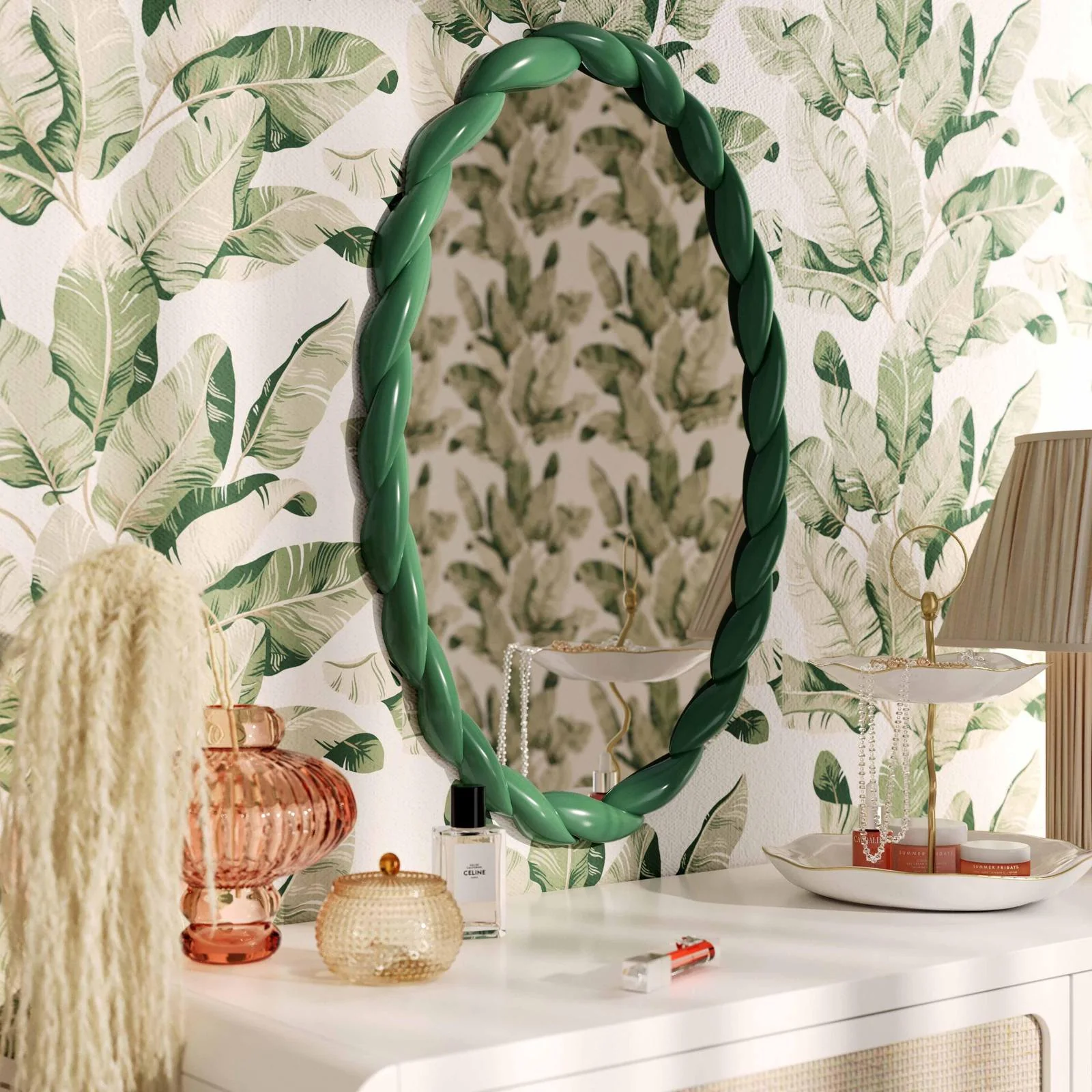Agnes Forest Green Glossy Oval Mirror - Image 2