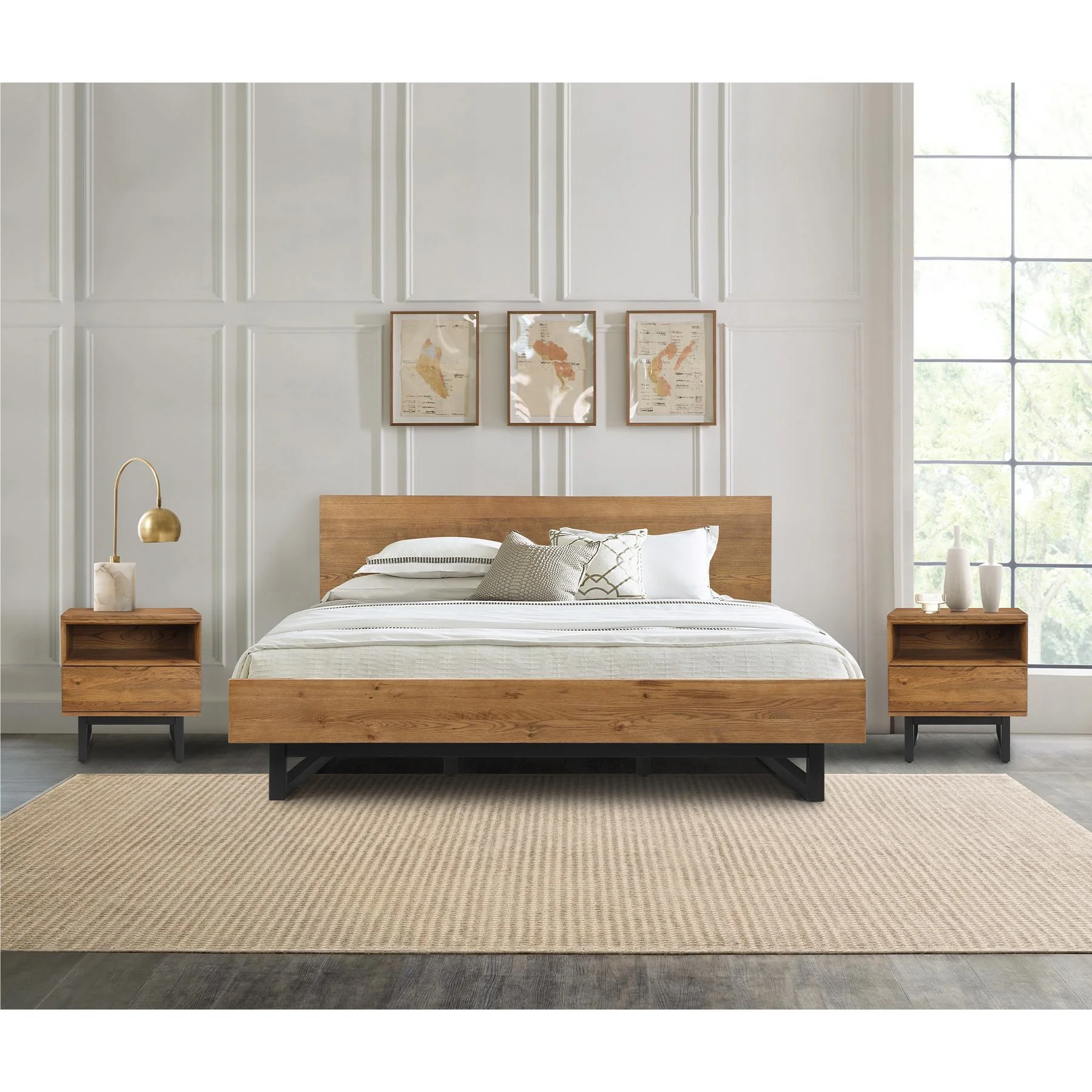 Aldo King Size 3 Piece Platform Bed Frame Bedroom Set in Brown Oak Wood and Black Metal - Image 12