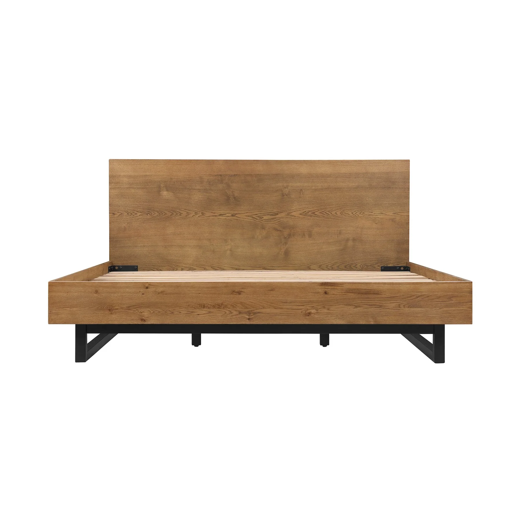 Aldo King Size 3 Piece Platform Bed Frame Bedroom Set in Brown Oak Wood and Black Metal - Image 2