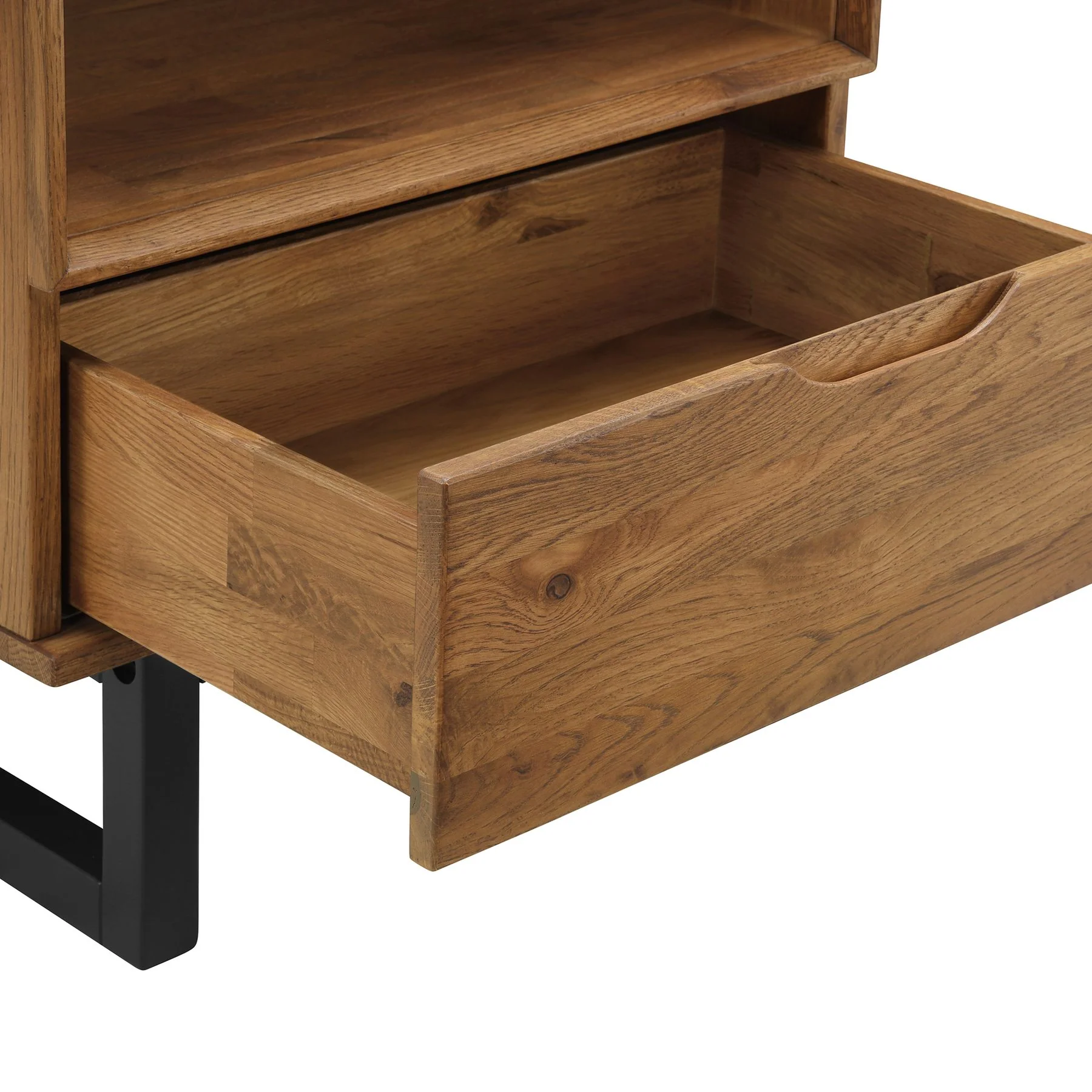 Aldo King Size 3 Piece Platform Bed Frame Bedroom Set in Brown Oak Wood and Black Metal - Image 7