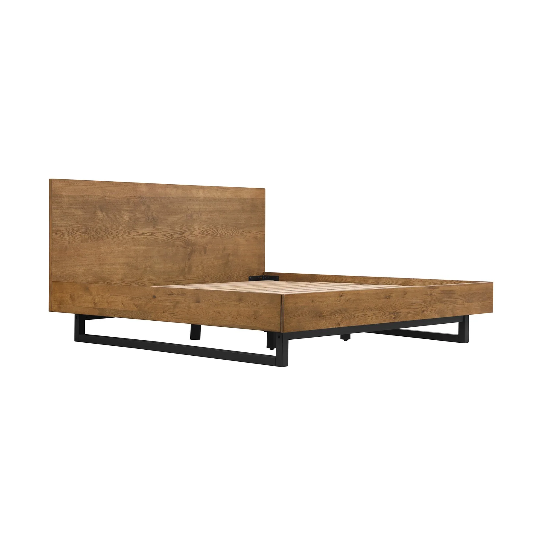 Aldo King Size 4 Piece Platform Bed Frame Bedroom Set in Brown Oak Wood and Black Metal - Image 3