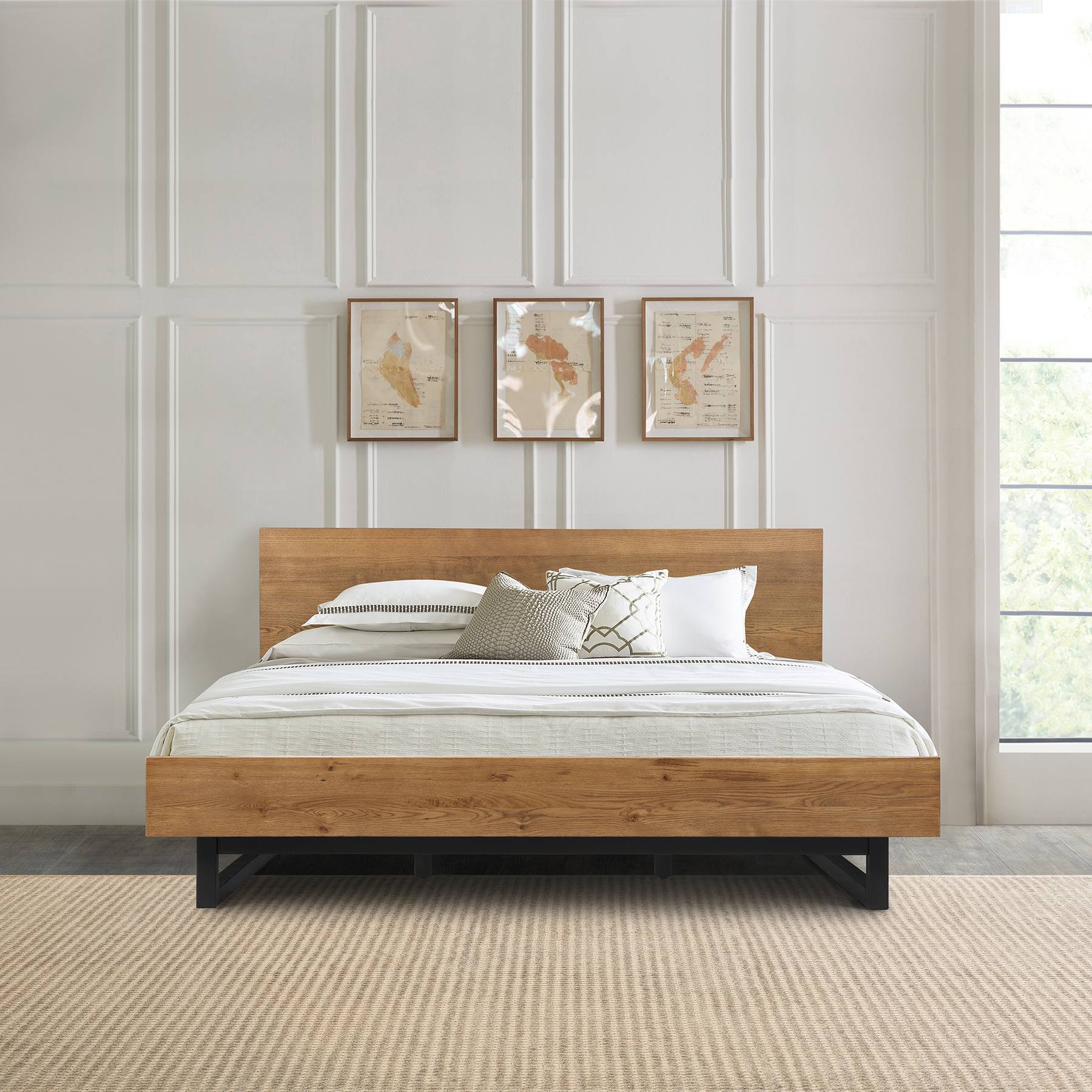 Aldo King Size Brown Oak Wood Platform Bed Frame with Black Metal Legs - Image 11