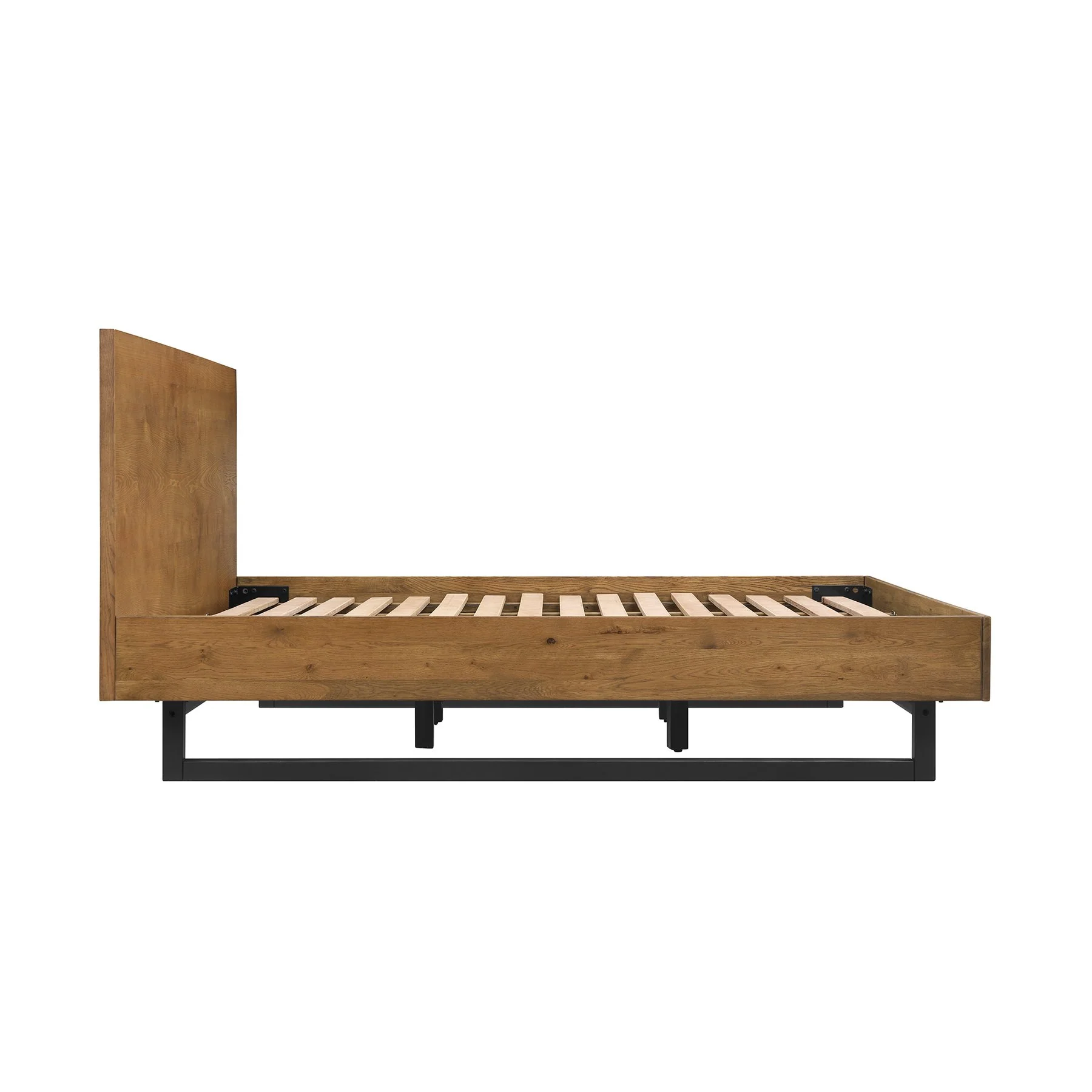 Aldo King Size Brown Oak Wood Platform Bed Frame with Black Metal Legs - Image 3