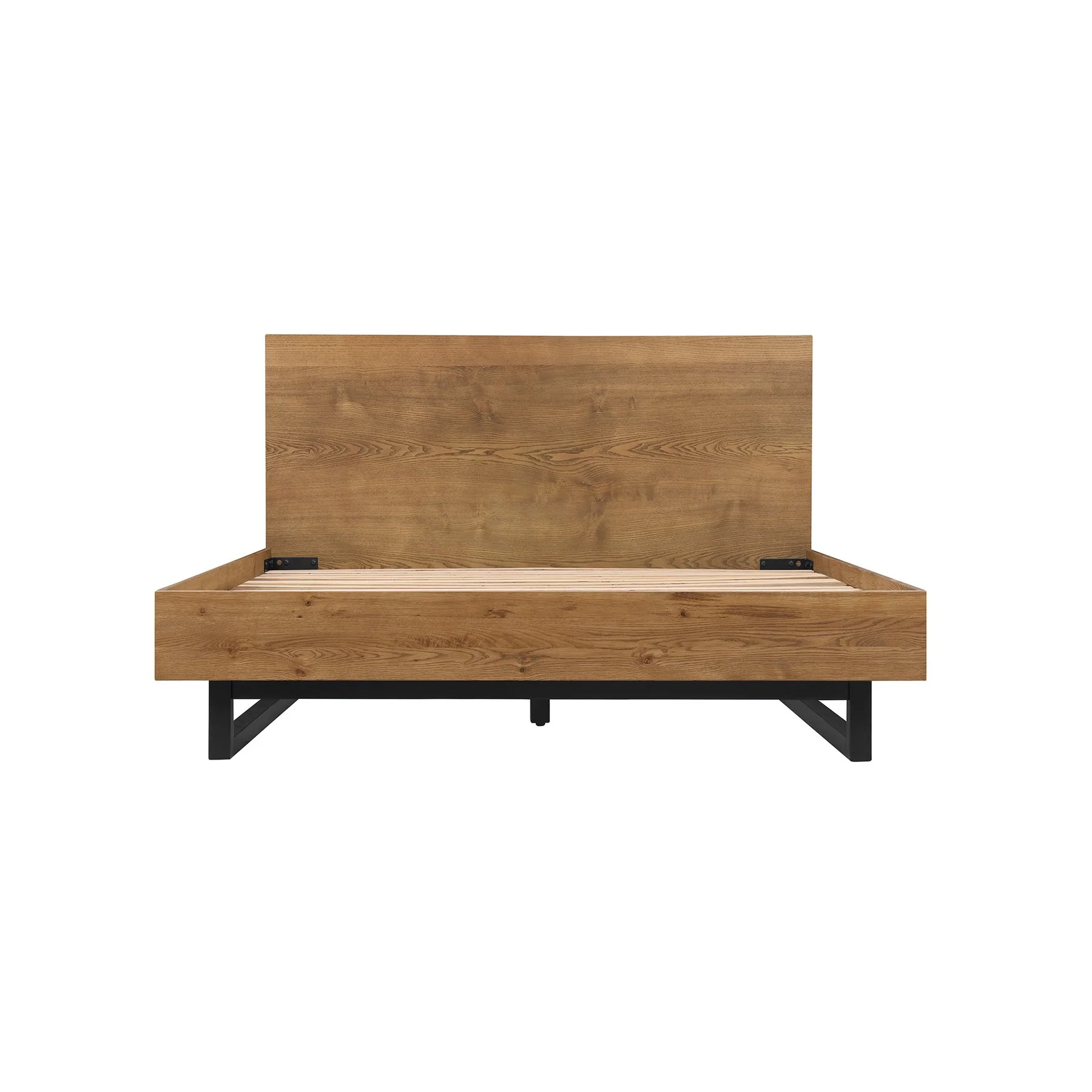 Aldo Queen Size 4 Piece Platform Bed Frame Bedroom Set in Brown Oak Wood and Black Metal - Image 2