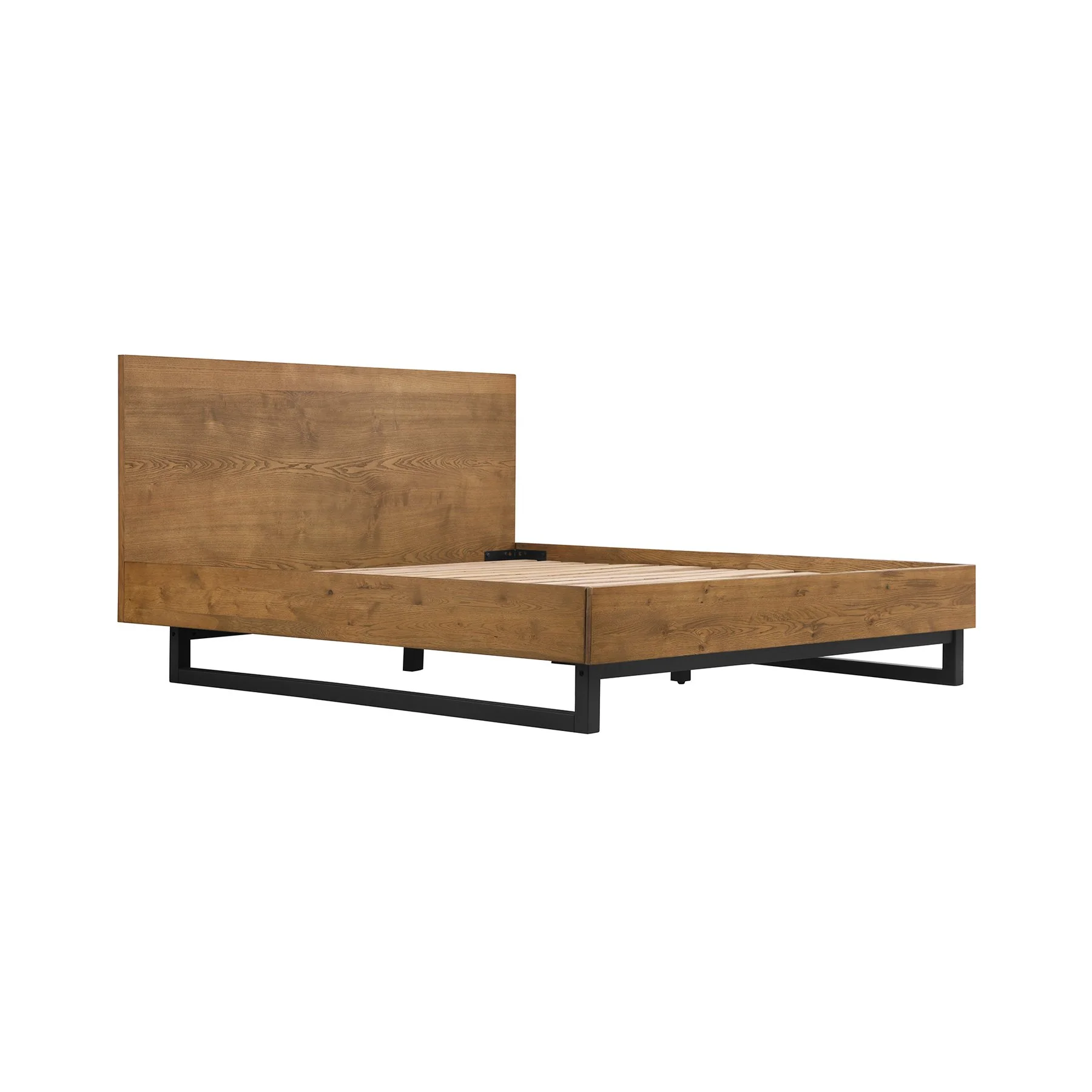 Aldo Queen Size 4 Piece Platform Bed Frame Bedroom Set in Brown Oak Wood and Black Metal - Image 3