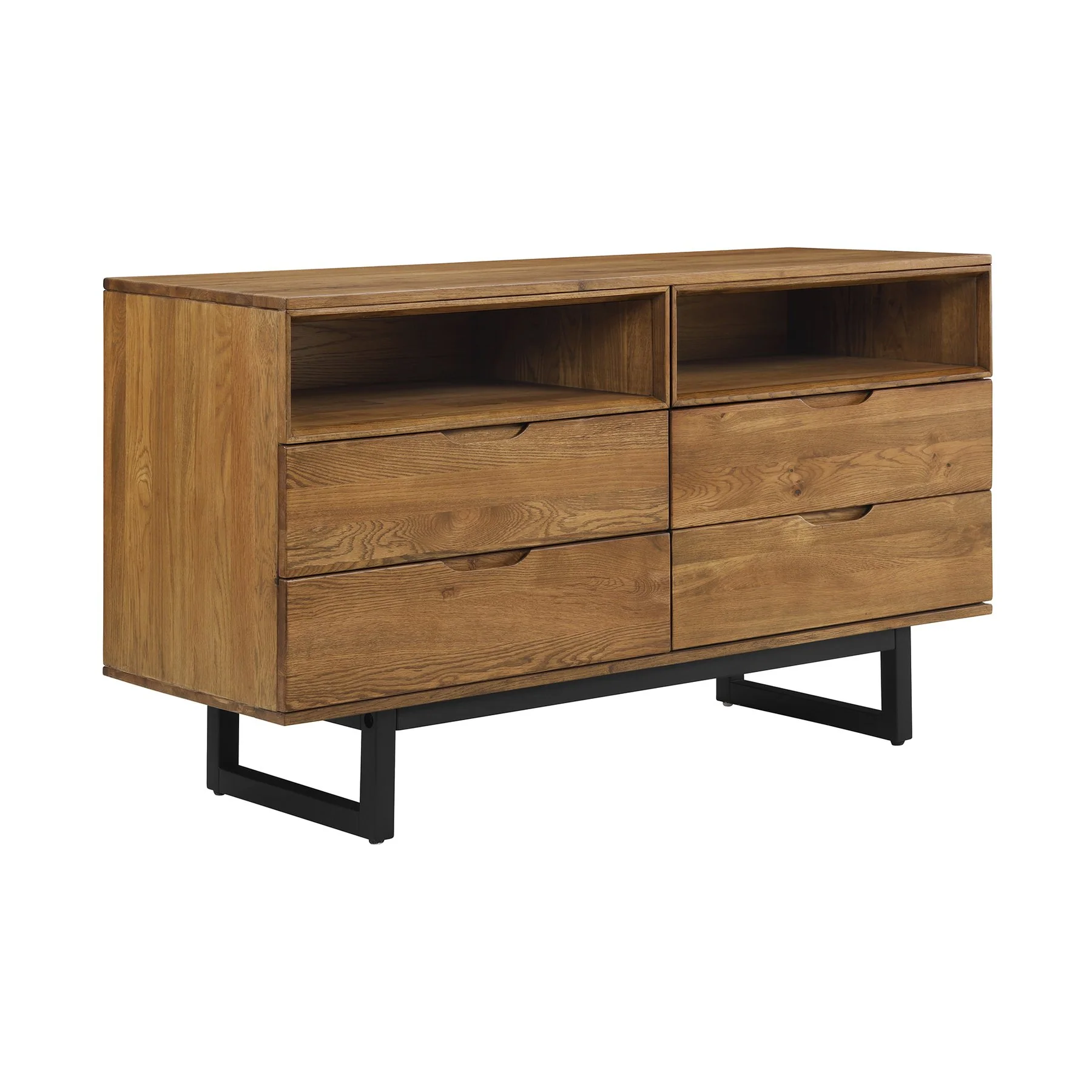 Aldo Queen Size 4 Piece Platform Bed Frame Bedroom Set in Brown Oak Wood and Black Metal - Image 5
