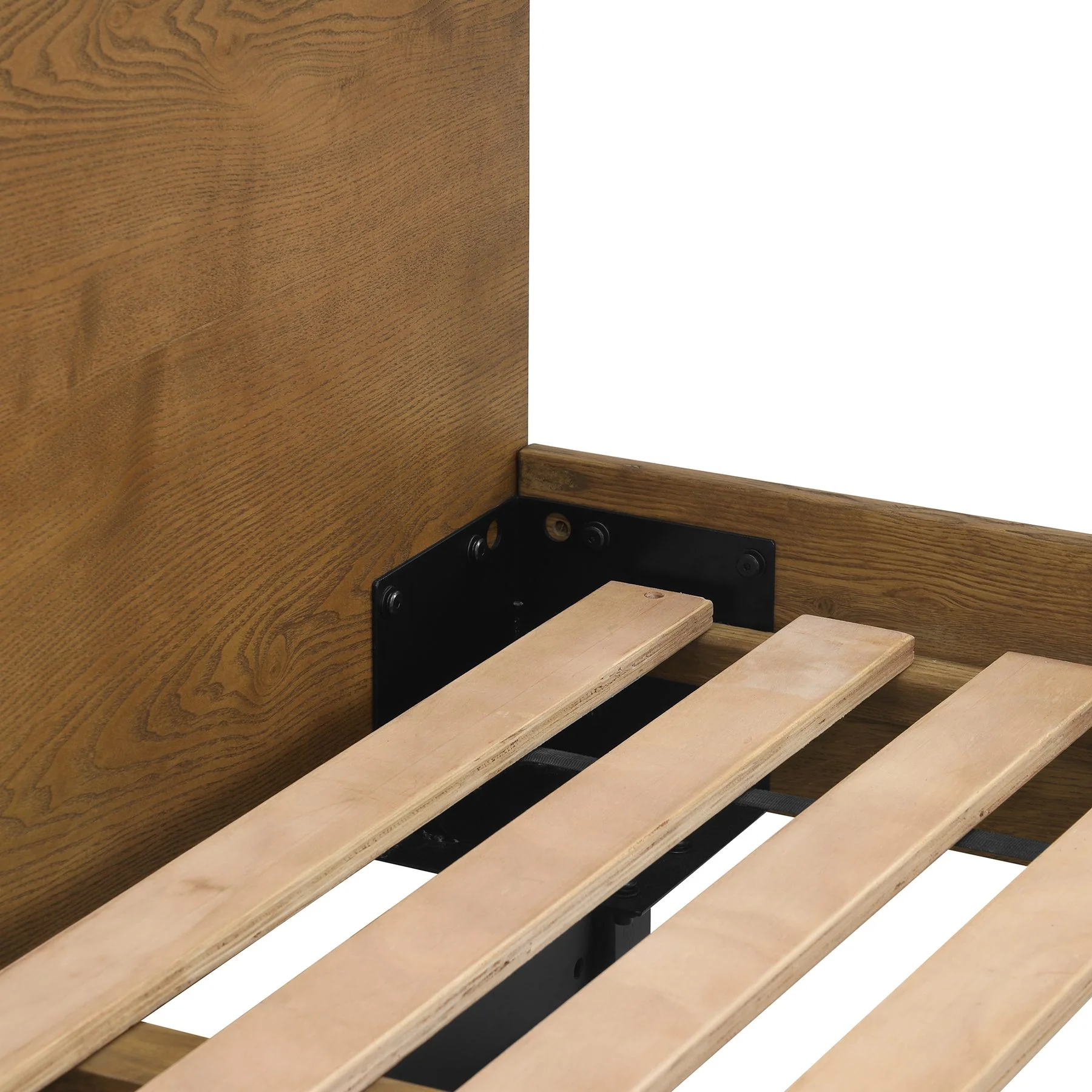 Aldo Queen Size 4 Piece Platform Bed Frame Bedroom Set in Brown Oak Wood and Black Metal - Image 8