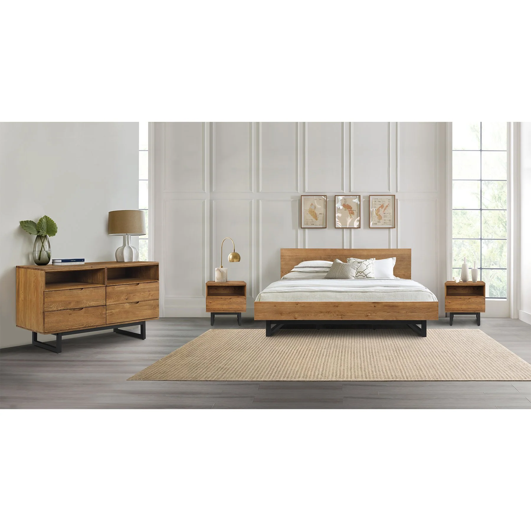 Aldo Queen Size Brown Oak Wood Platform Bed Frame with Black Metal Legs - Image 12