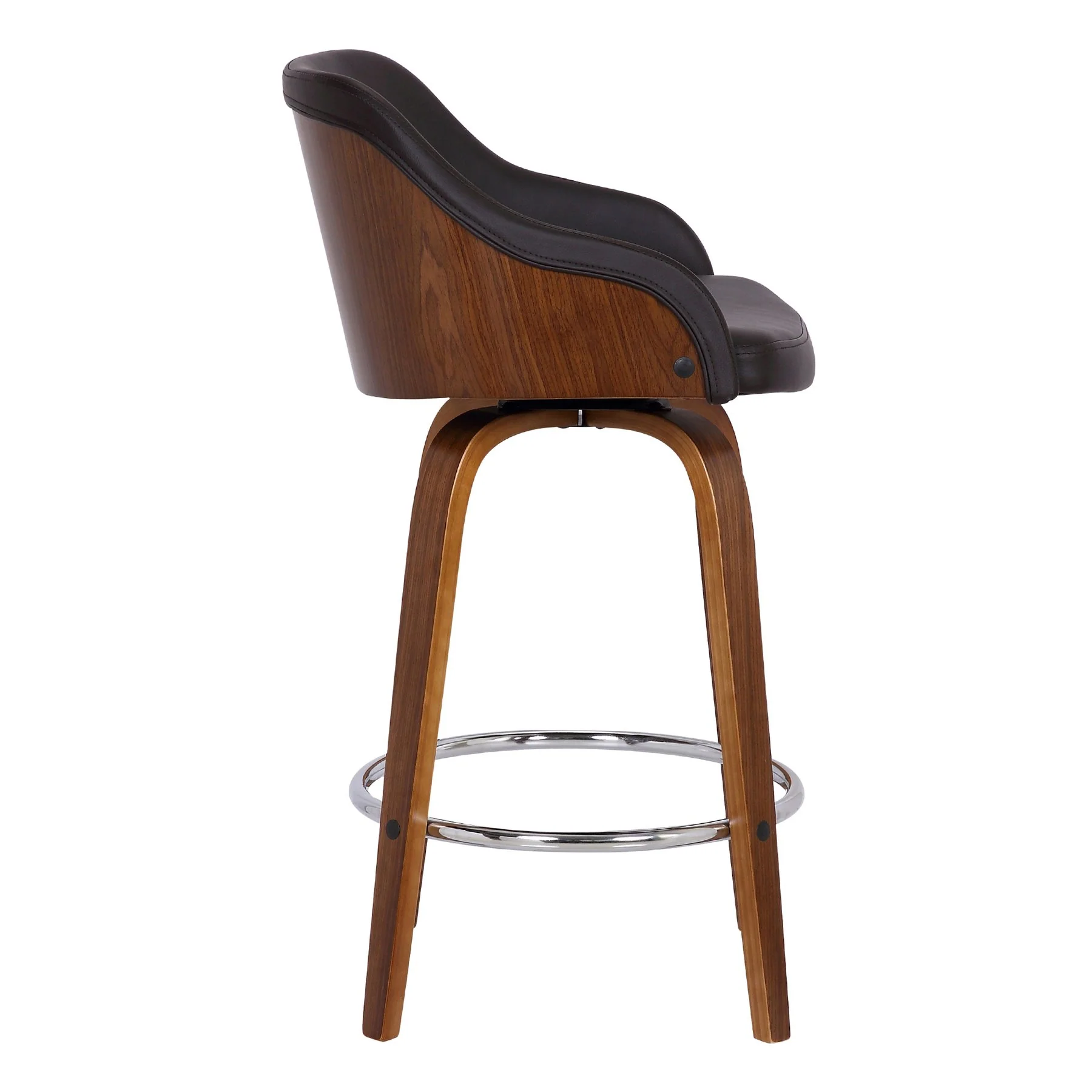 Alec 30" Bar Height Swivel Brown Faux Leather and Walnut Wood Bar Stool - Image 3