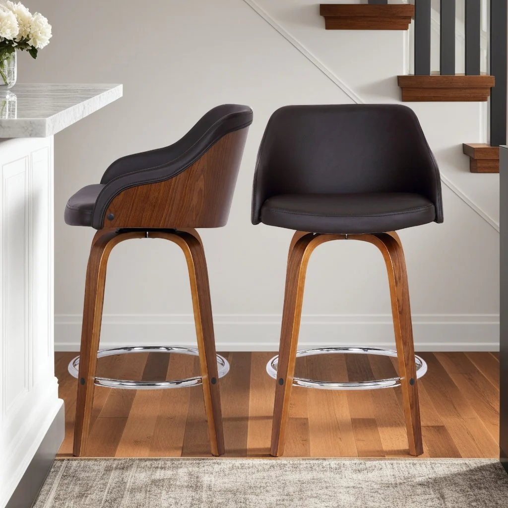 Alec 30" Bar Height Swivel Brown Faux Leather and Walnut Wood Bar Stool - Image 7
