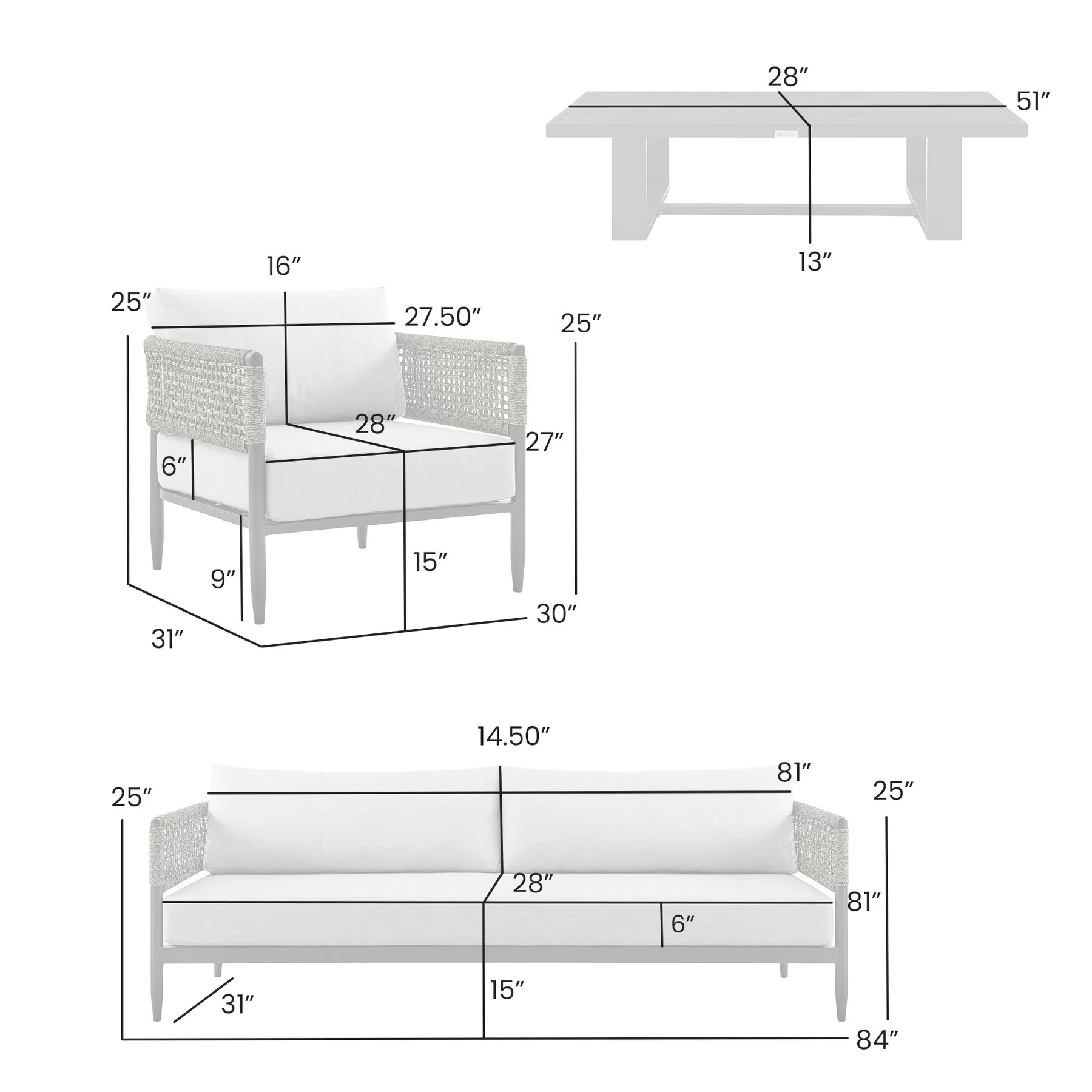Alegria 4 Piece Outdoor Black Aluminum & Rope Conversation Set with Light Gray Fabric Cushions - Image 8