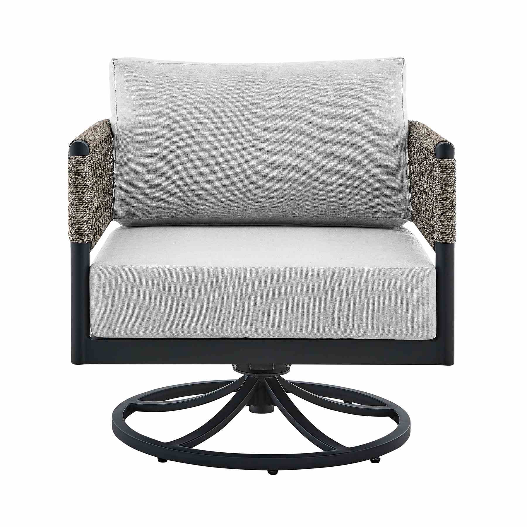 Alegria and Menorca 3 Piece Patio Outdoor Swivel Seating Set in Black Aluminum with Gray Rope and Cushions - Image 3