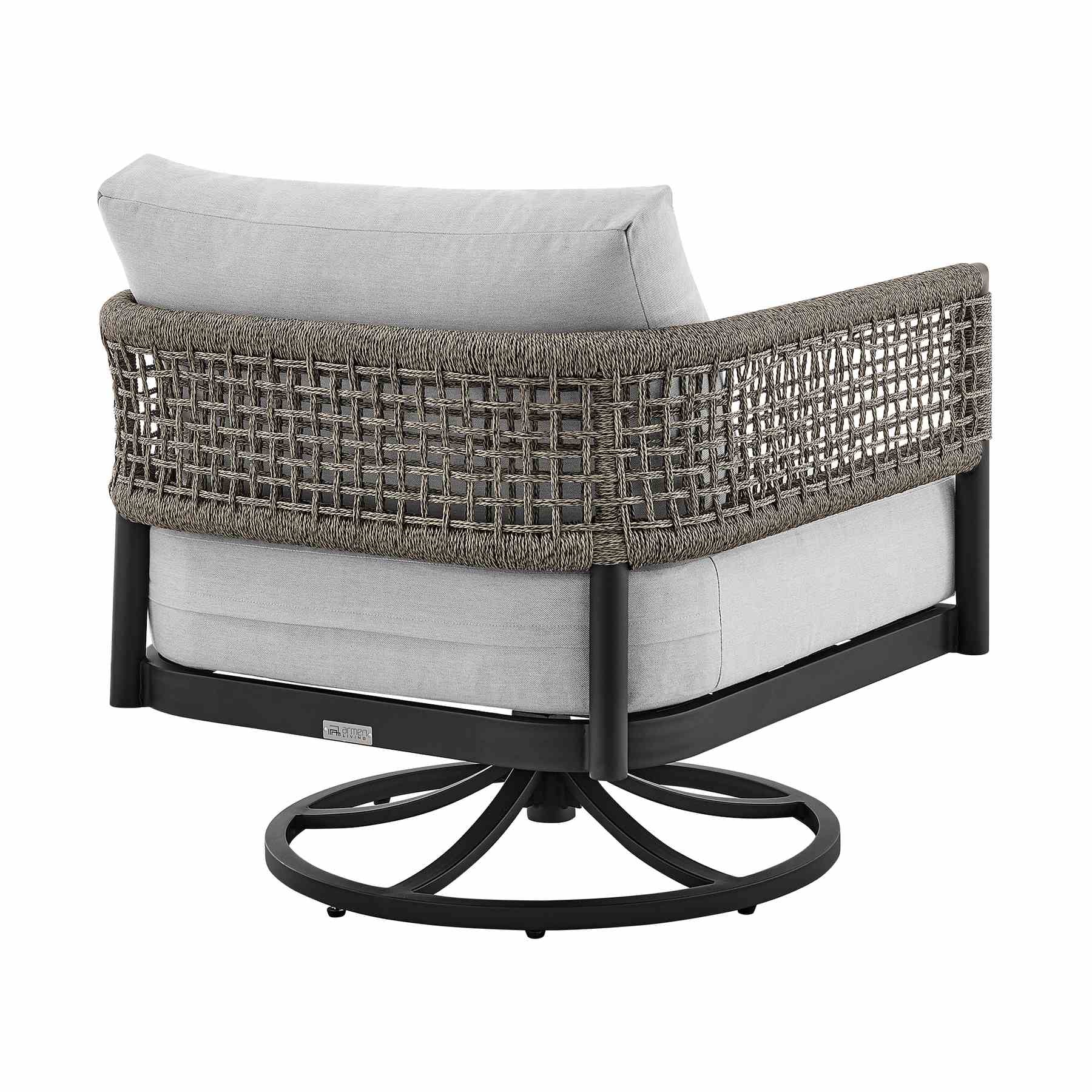 Alegria and Menorca 3 Piece Patio Outdoor Swivel Seating Set in Black Aluminum with Gray Rope and Cushions - Image 4