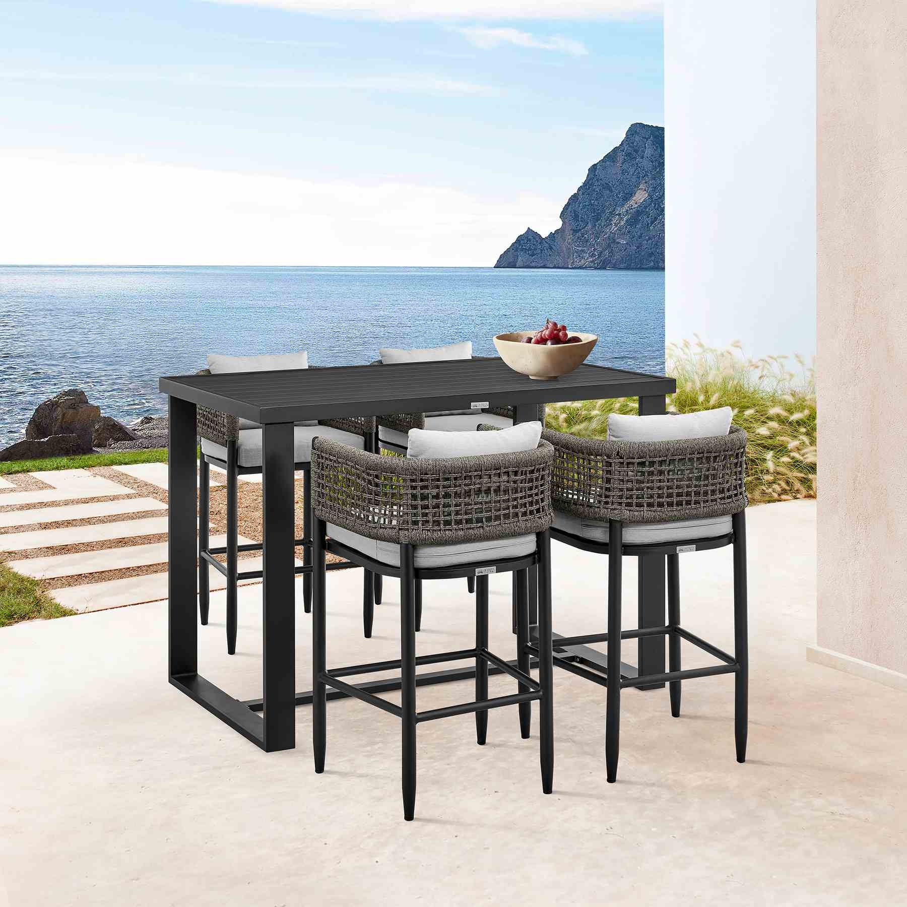 Alegria Outdoor Patio Bar Stool in Aluminum with Gray Rope and Cushions - Image 11