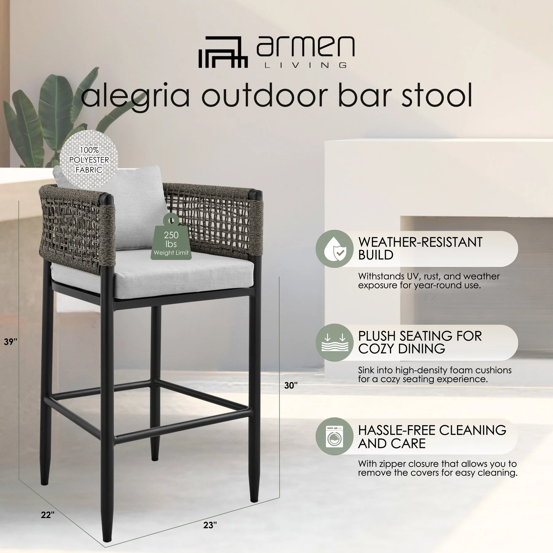 Alegria Outdoor Patio Bar Stool in Aluminum with Gray Rope and Cushions - Image 12