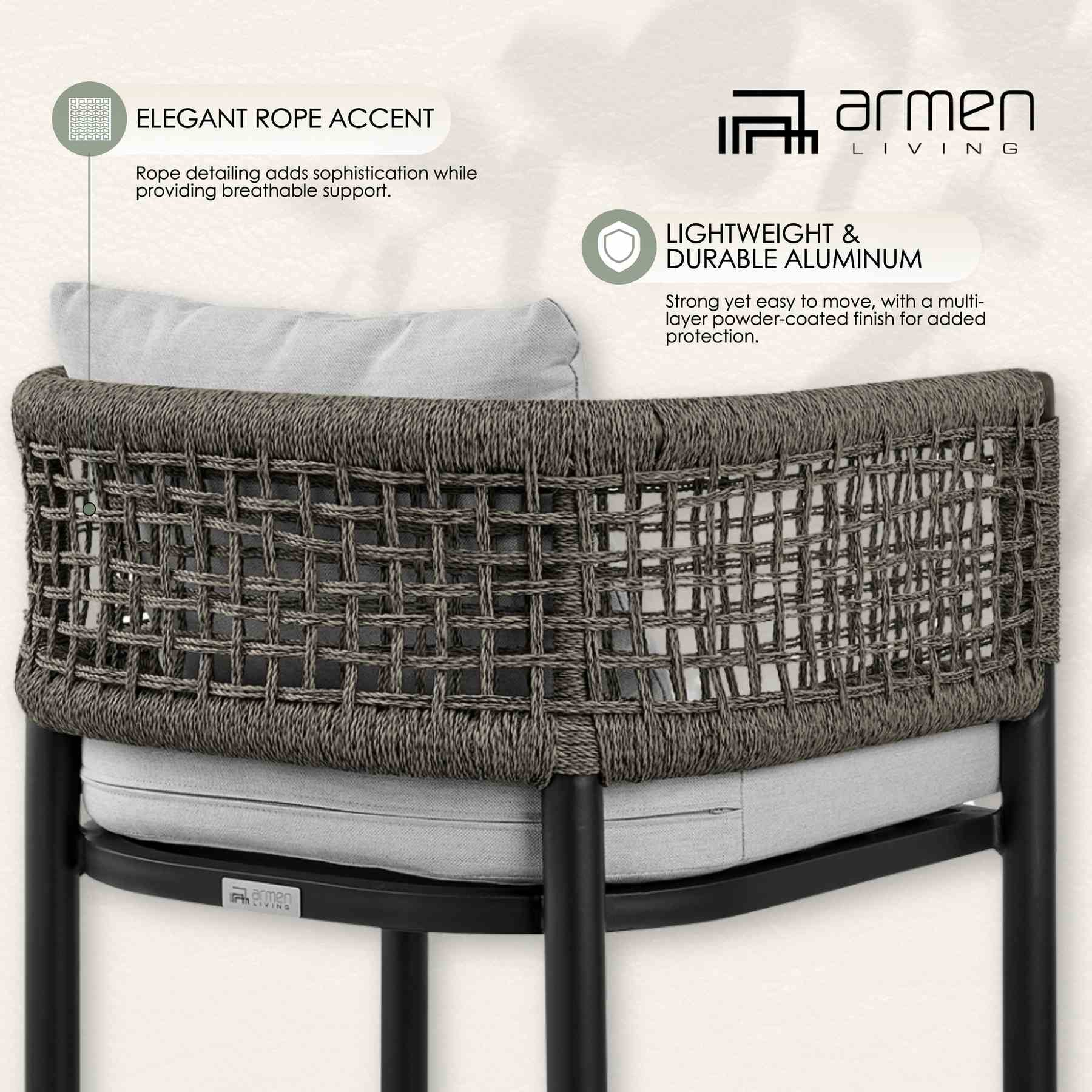 Alegria Outdoor Patio Bar Stool in Aluminum with Gray Rope and Cushions - Image 13