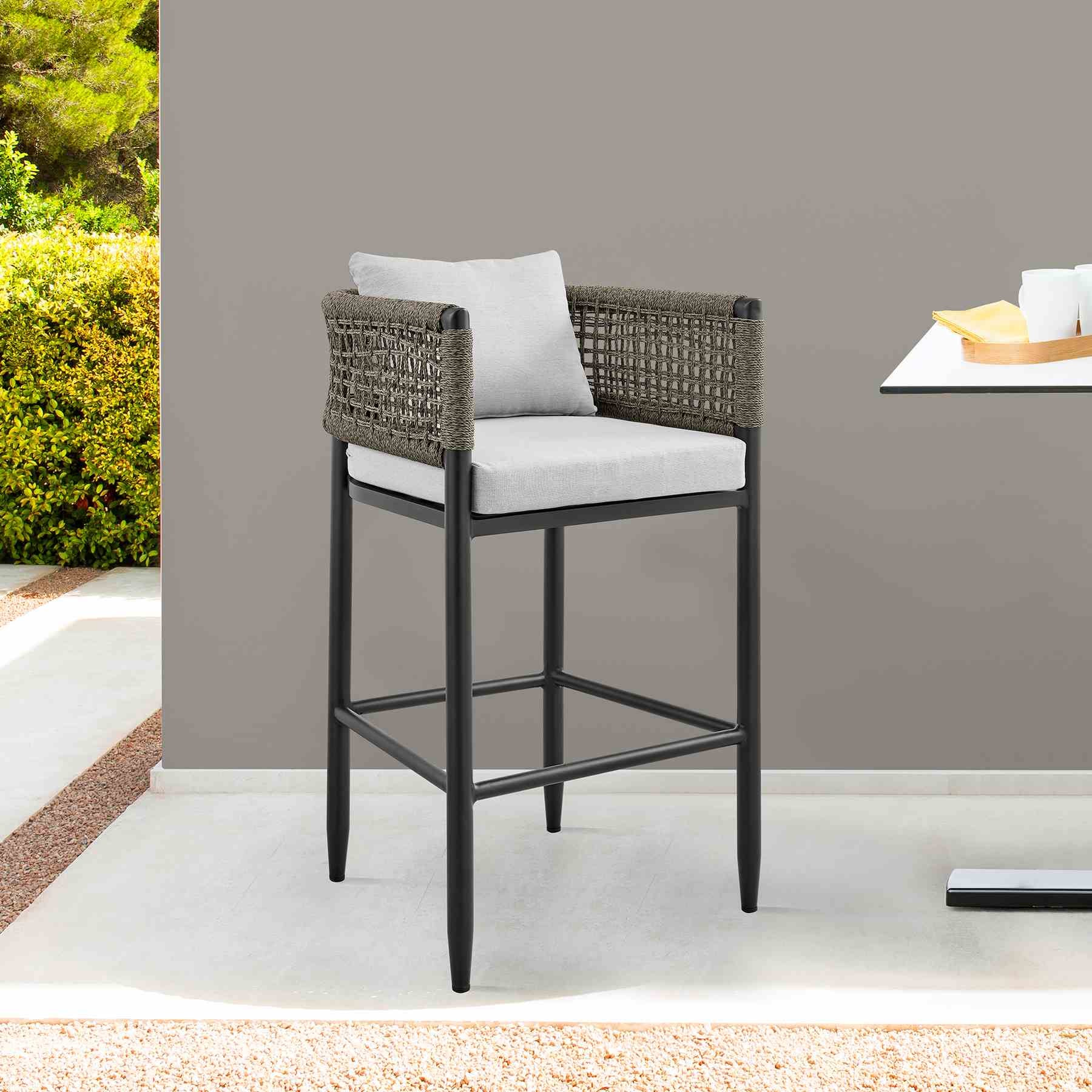 Alegria Outdoor Patio Counter Height Bar Stool in Aluminum with Gray Rope and Cushions - Image 10