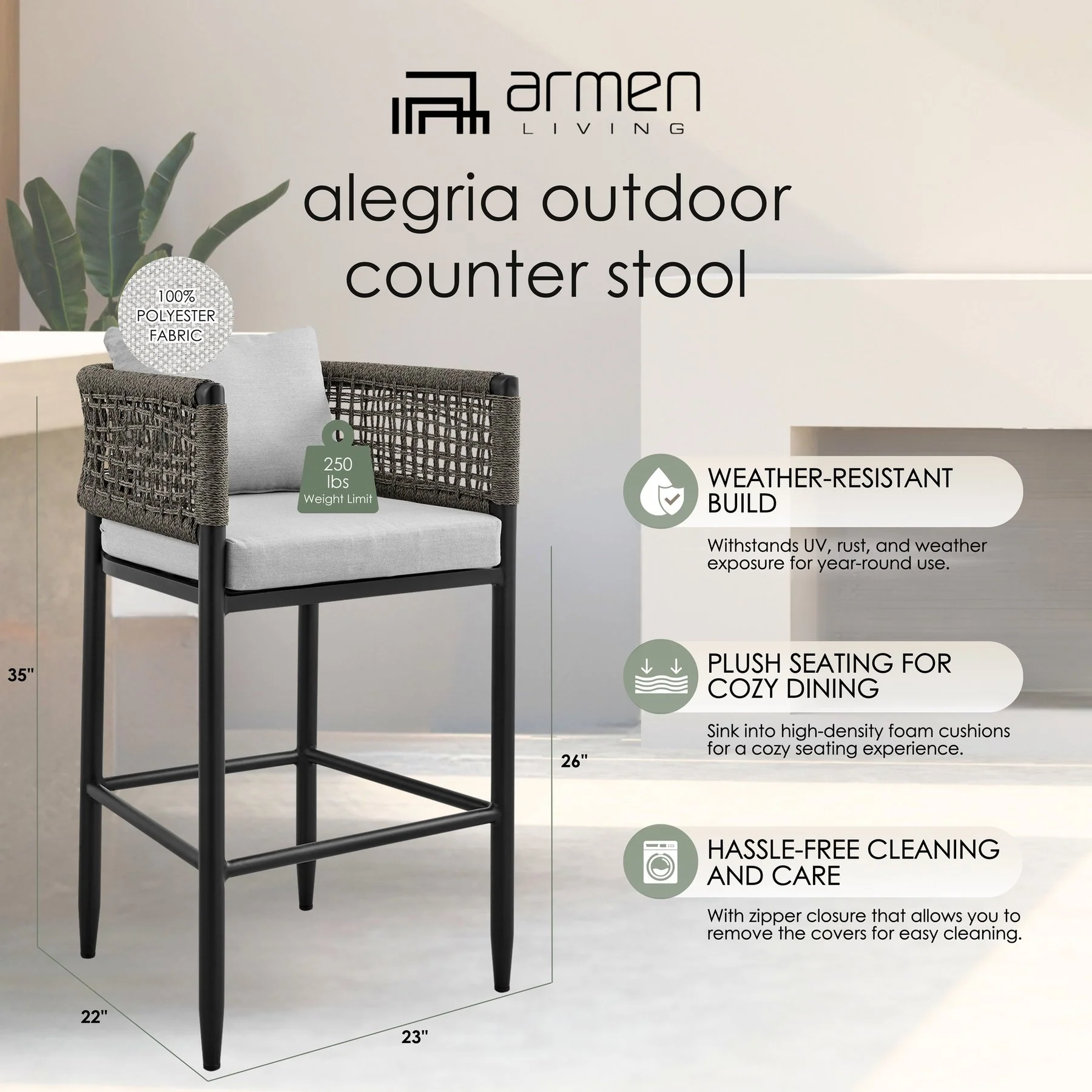 Alegria Outdoor Patio Counter Height Bar Stool in Aluminum with Gray Rope and Cushions - Image 12