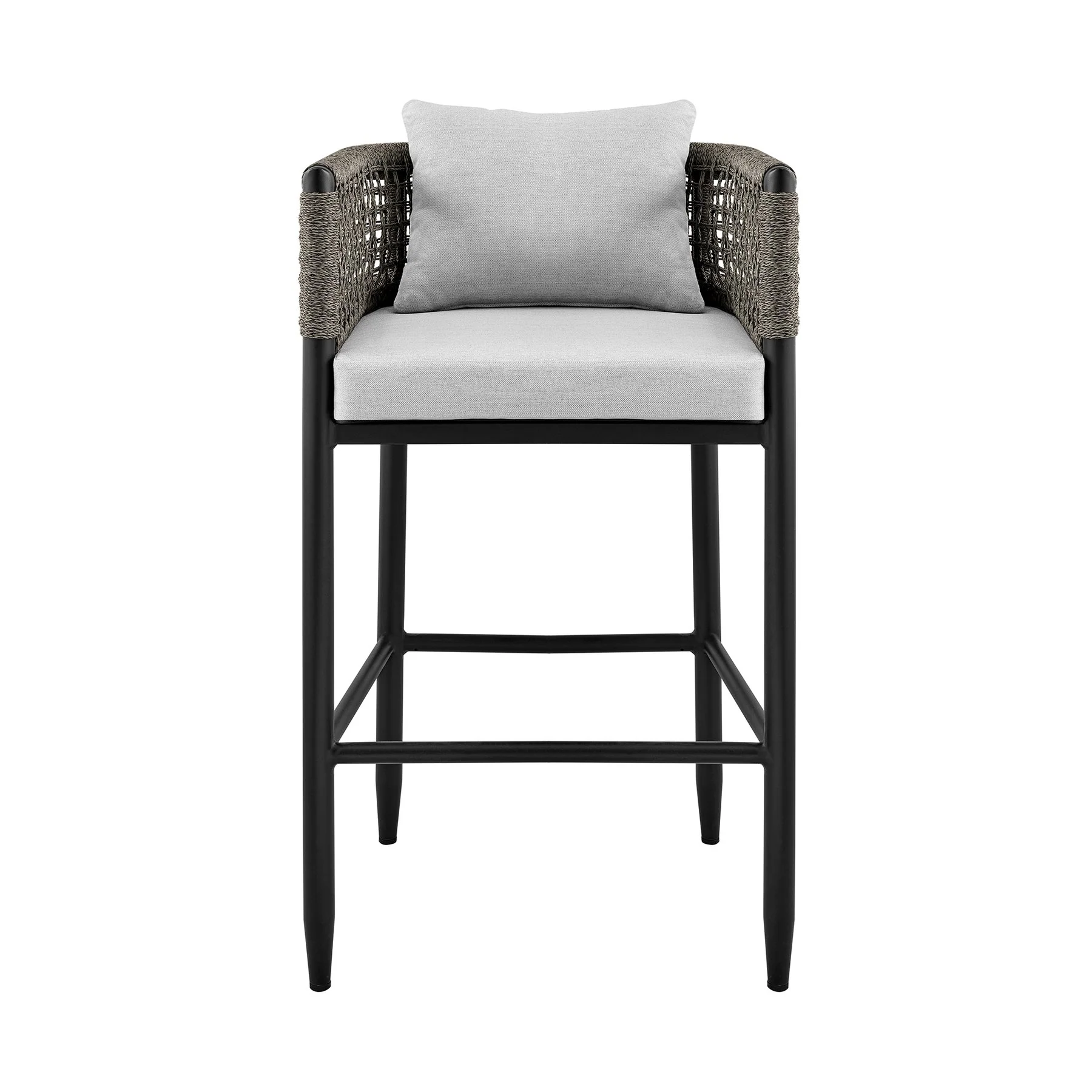 Alegria Outdoor Patio Counter Height Bar Stool in Aluminum with Gray Rope and Cushions - Image 2