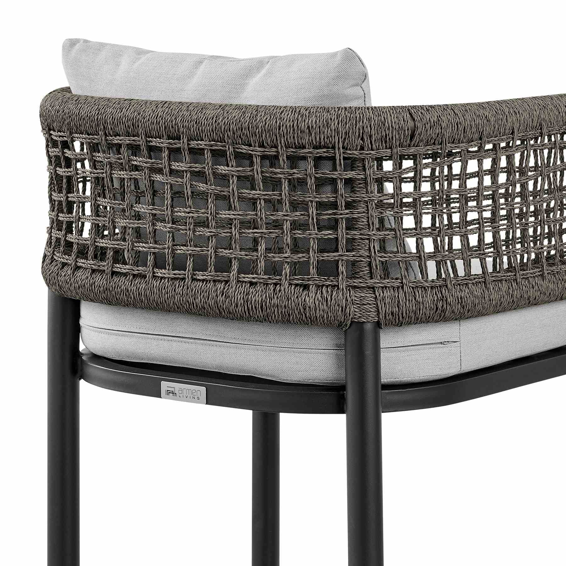 Alegria Outdoor Patio Counter Height Bar Stool in Aluminum with Gray Rope and Cushions - Image 7