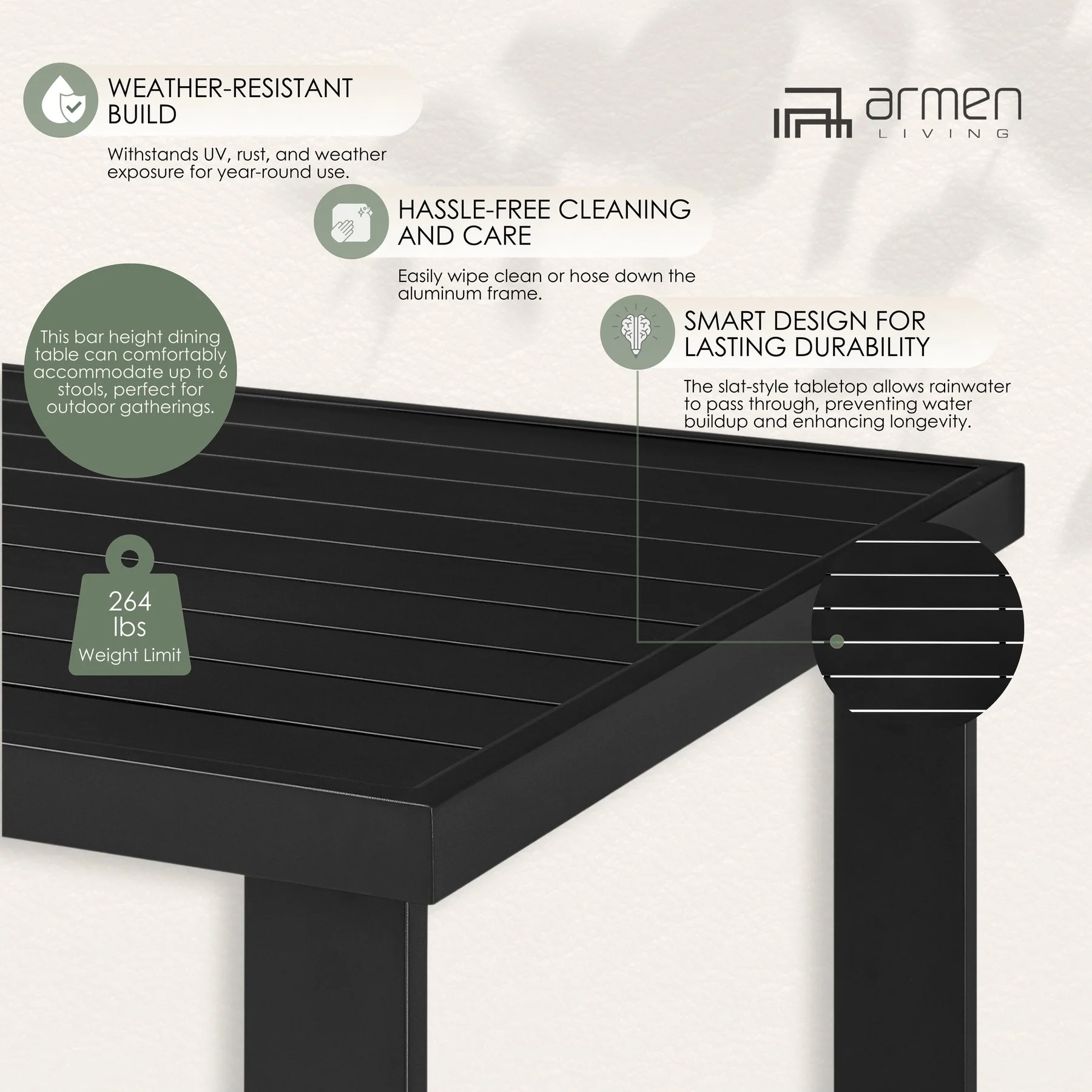 Alegria Outdoor Patio Counter Height Dining Table in Black Aluminum - Image 9