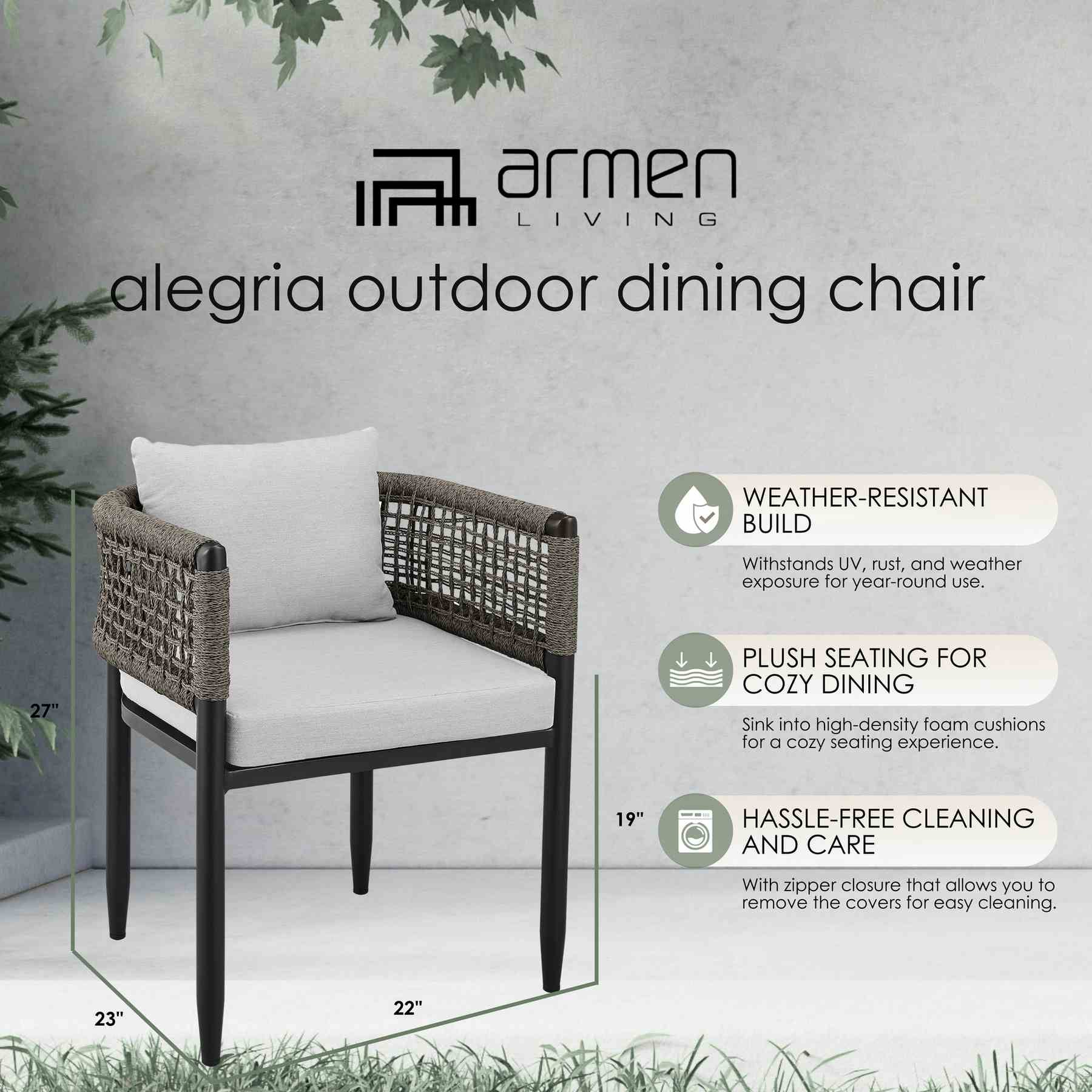 Alegria Outdoor Patio Dining Chair in Aluminum with Gray Rope and Cushions - Set of 2 - Image 12