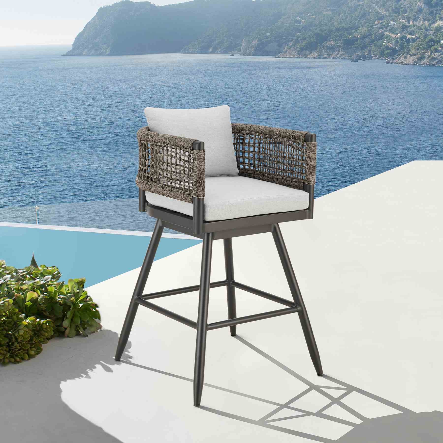 Alegria Outdoor Patio Swivel Bar Stool in Aluminum with Gray Rope and Light Gray Cushions - Image 10