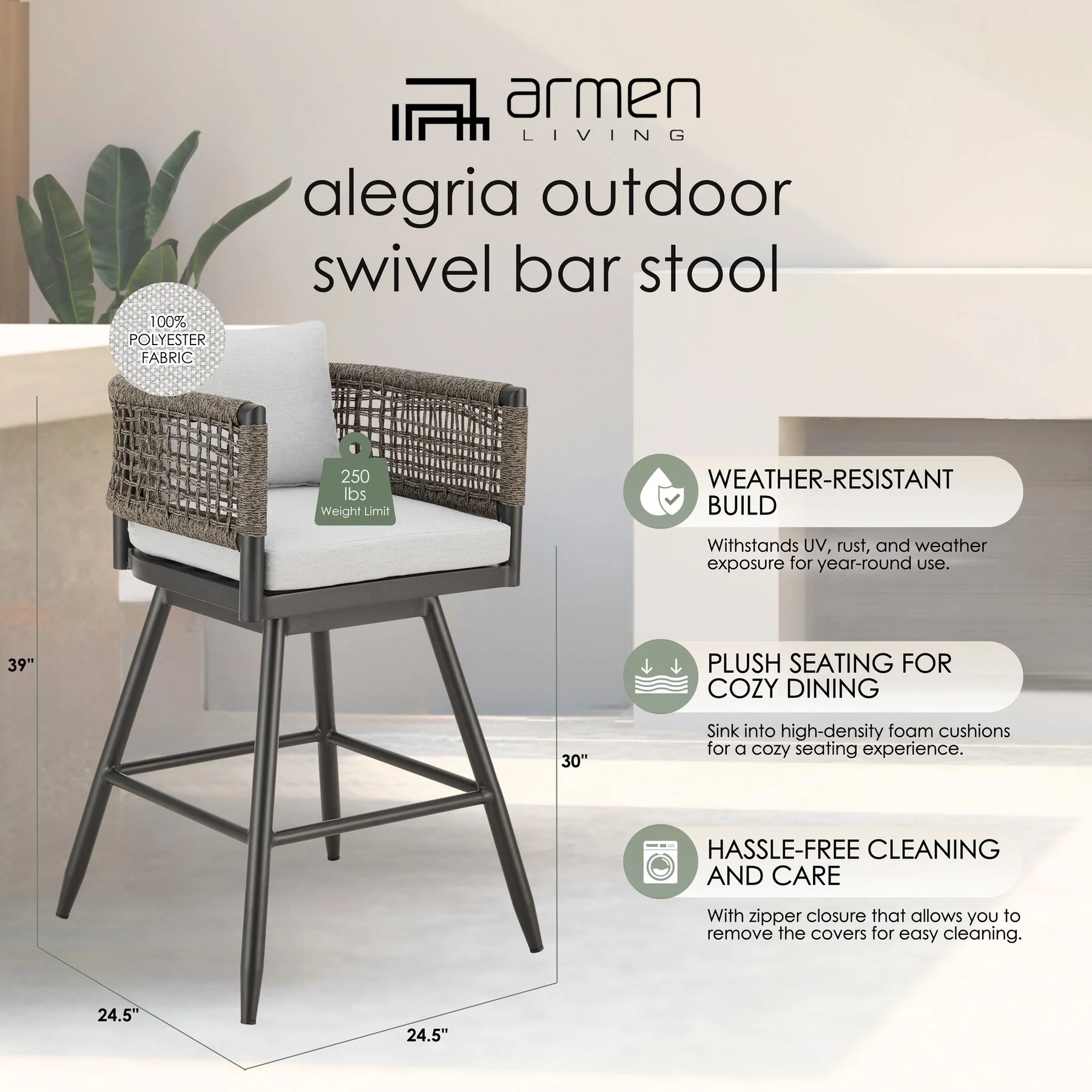 Alegria Outdoor Patio Swivel Bar Stool in Aluminum with Gray Rope and Light Gray Cushions - Image 11