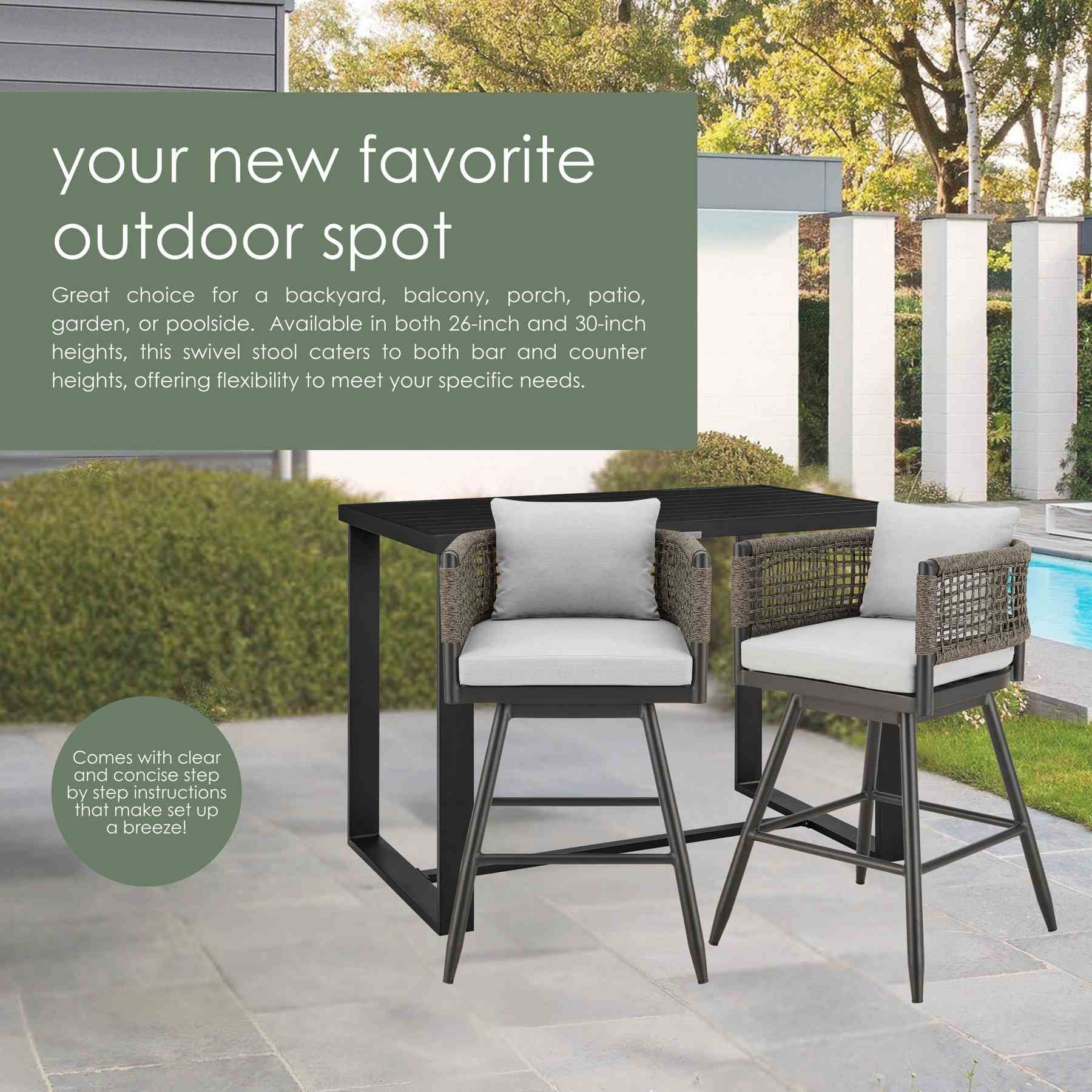 Alegria Outdoor Patio Swivel Bar Stool in Aluminum with Gray Rope and Light Gray Cushions - Image 13