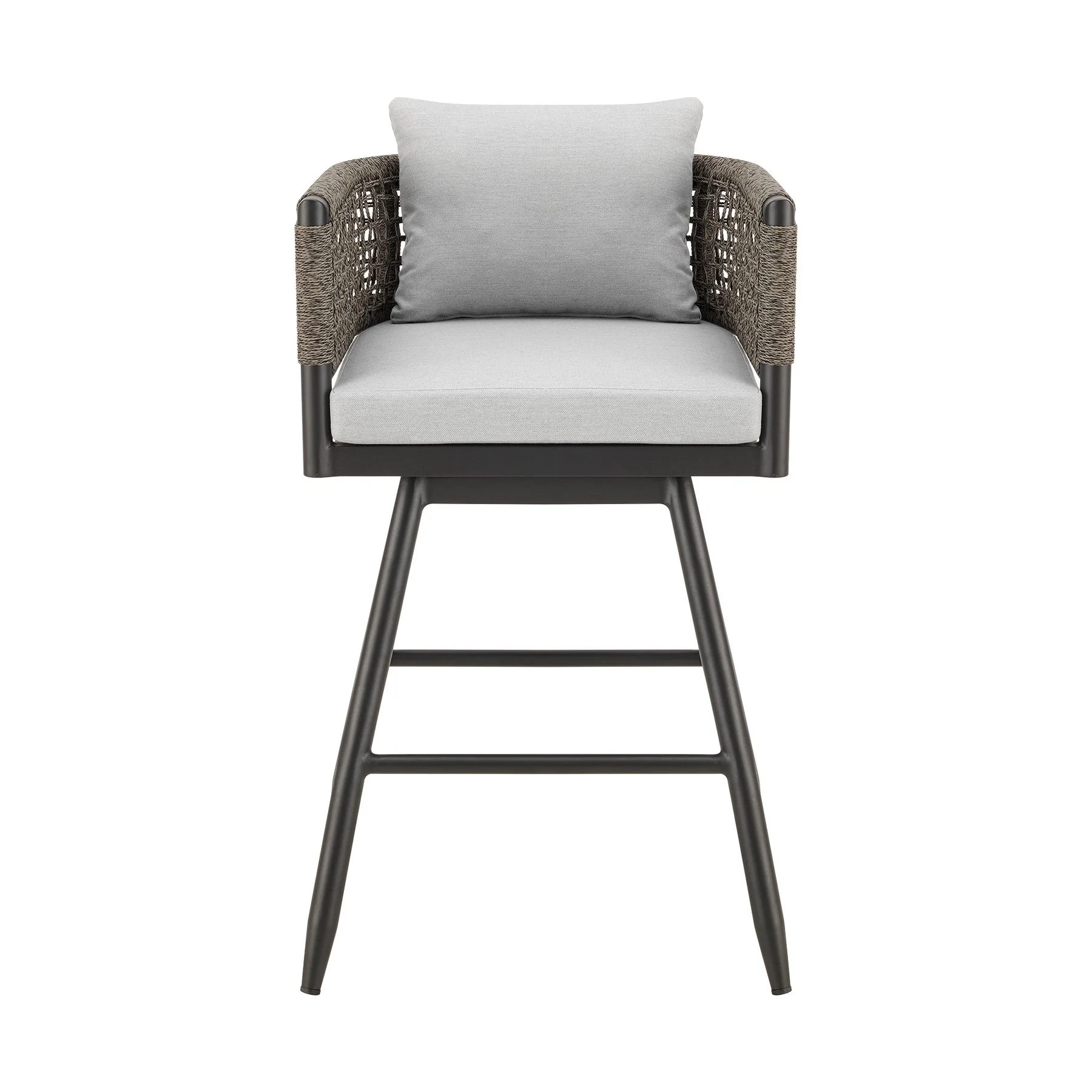 Alegria Outdoor Patio Swivel Bar Stool in Aluminum with Gray Rope and Light Gray Cushions - Image 2
