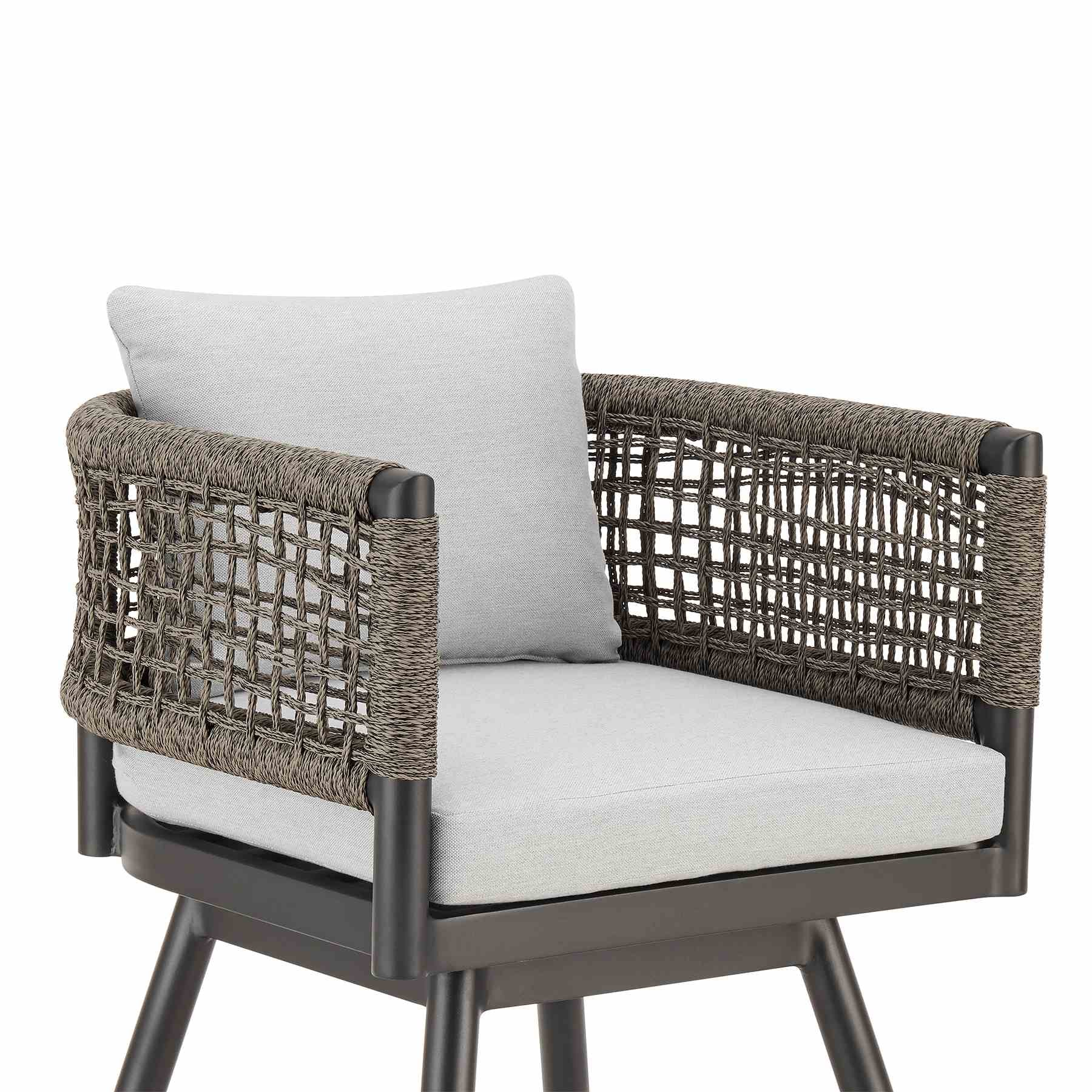 Alegria Outdoor Patio Swivel Bar Stool in Aluminum with Gray Rope and Light Gray Cushions - Image 4