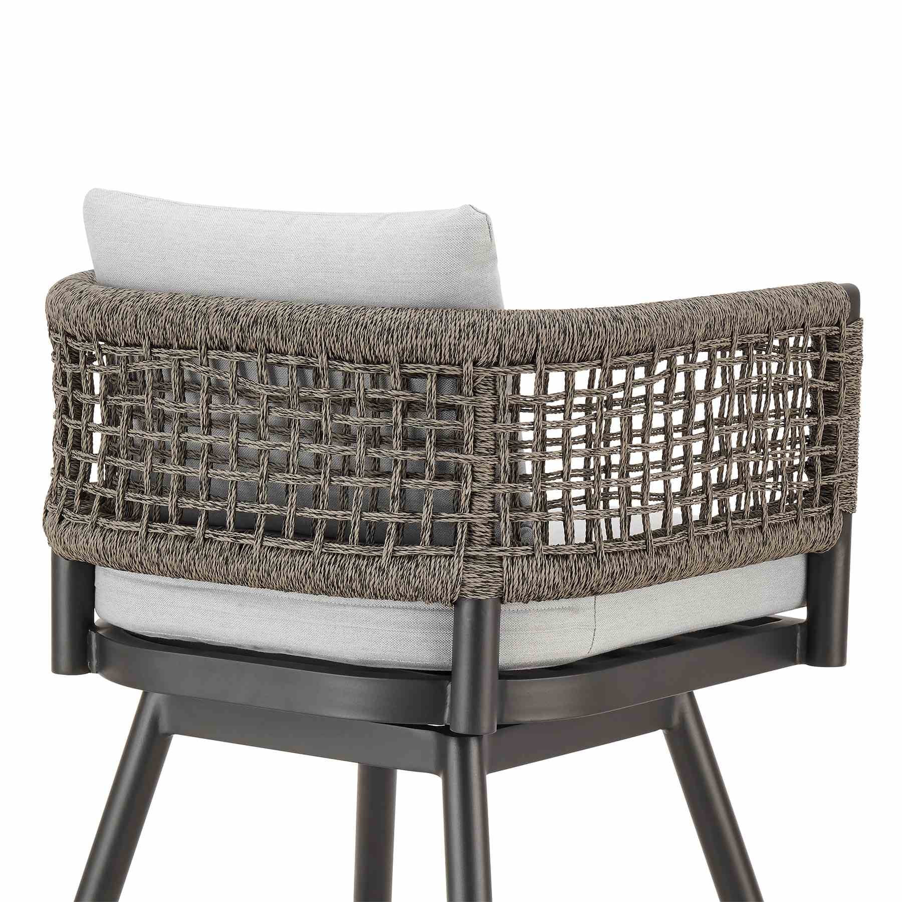 Alegria Outdoor Patio Swivel Bar Stool in Aluminum with Gray Rope and Light Gray Cushions - Image 5