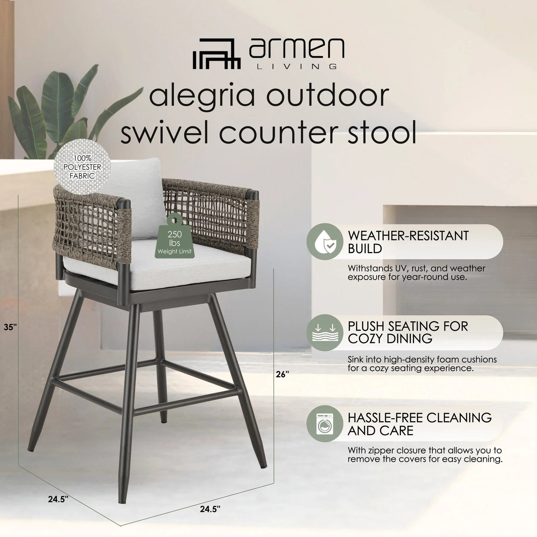 Alegria Outdoor Patio Swivel Counter Stool in Aluminum with Gray Rope and Light Gray Cushions - Image 11