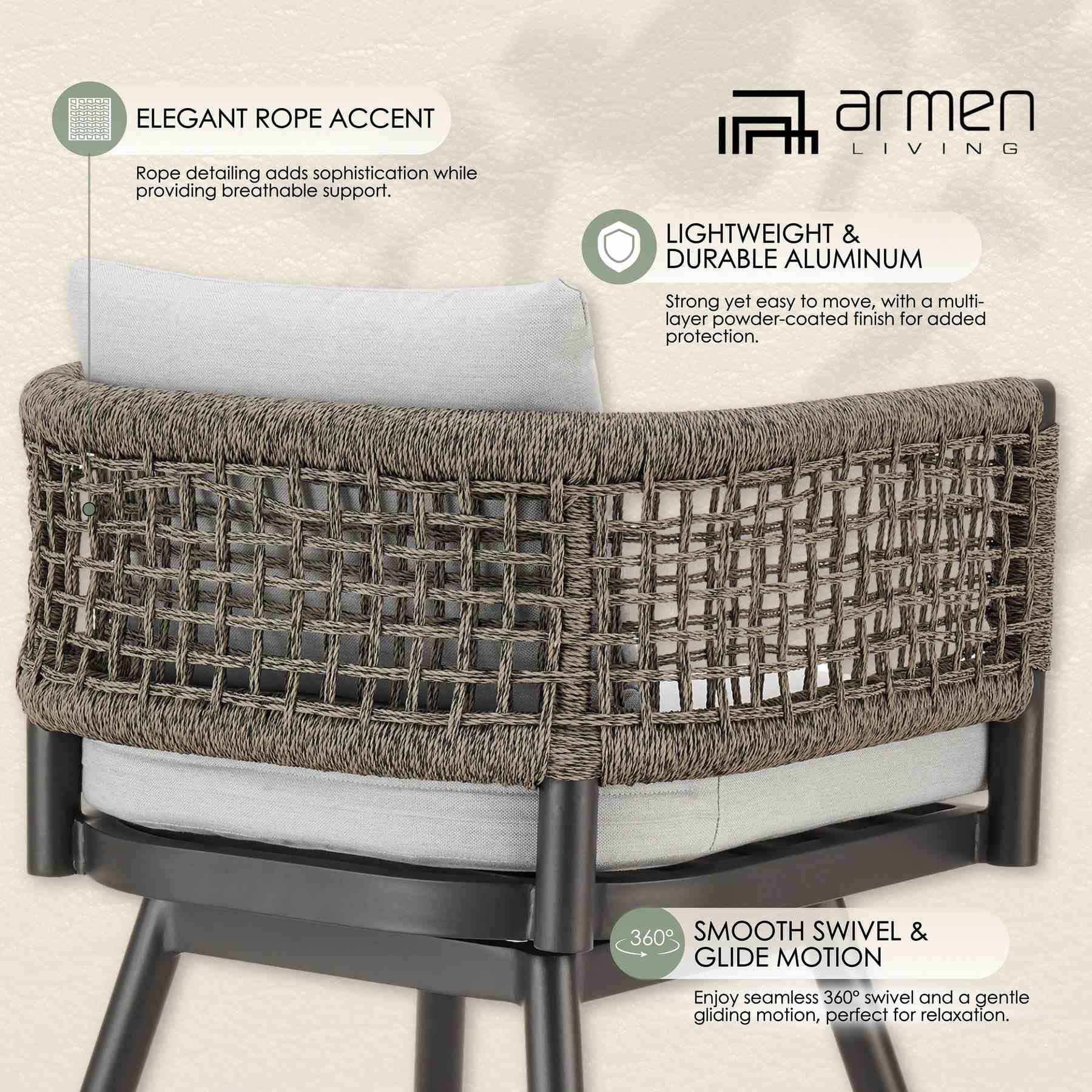 Alegria Outdoor Patio Swivel Counter Stool in Aluminum with Gray Rope and Light Gray Cushions - Image 12