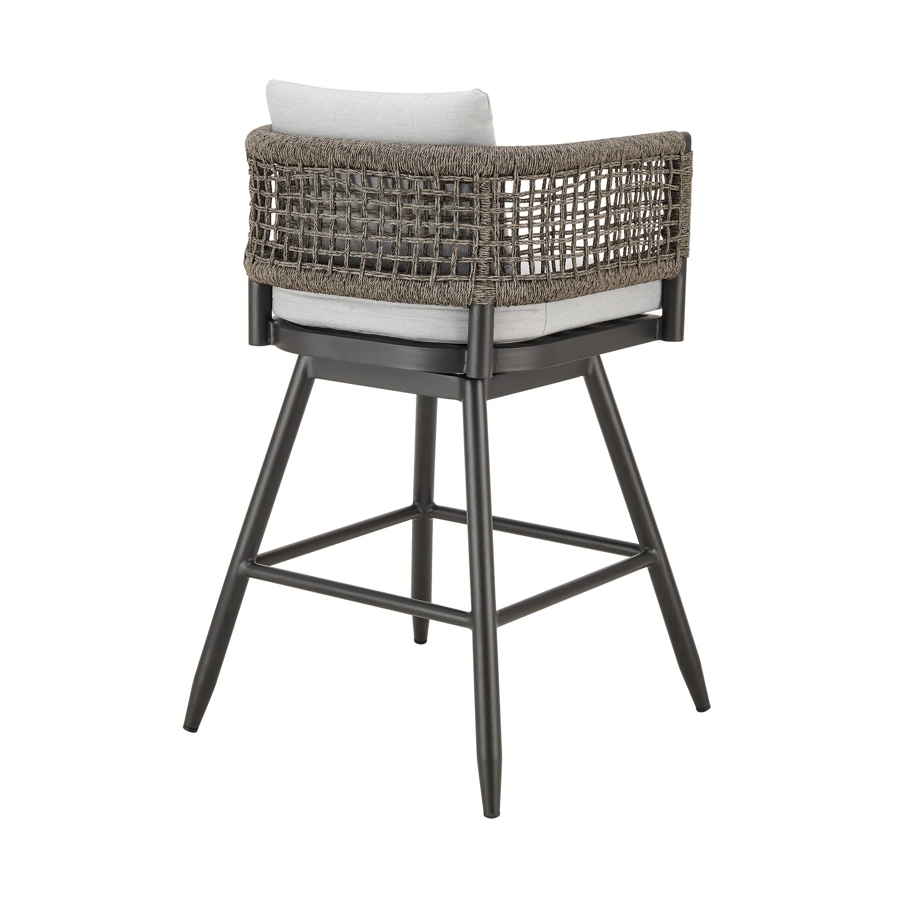 Alegria Outdoor Patio Swivel Counter Stool in Aluminum with Gray Rope and Light Gray Cushions - Image 3
