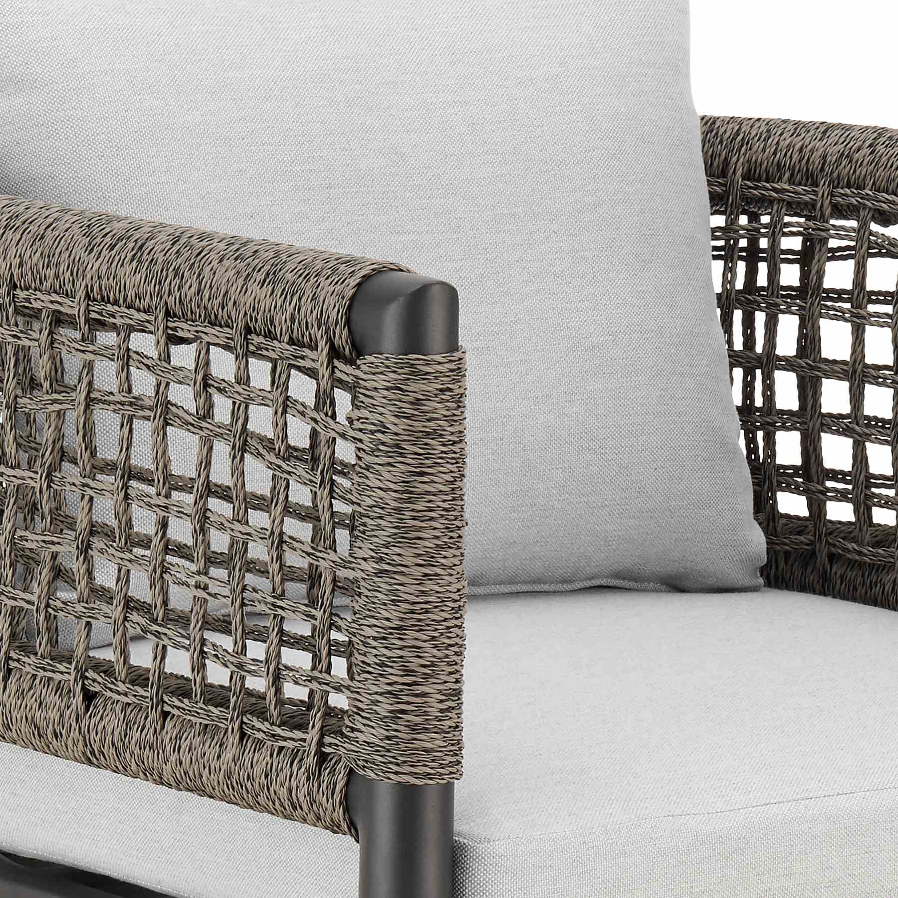 Alegria Outdoor Patio Swivel Counter Stool in Aluminum with Gray Rope and Light Gray Cushions - Image 6