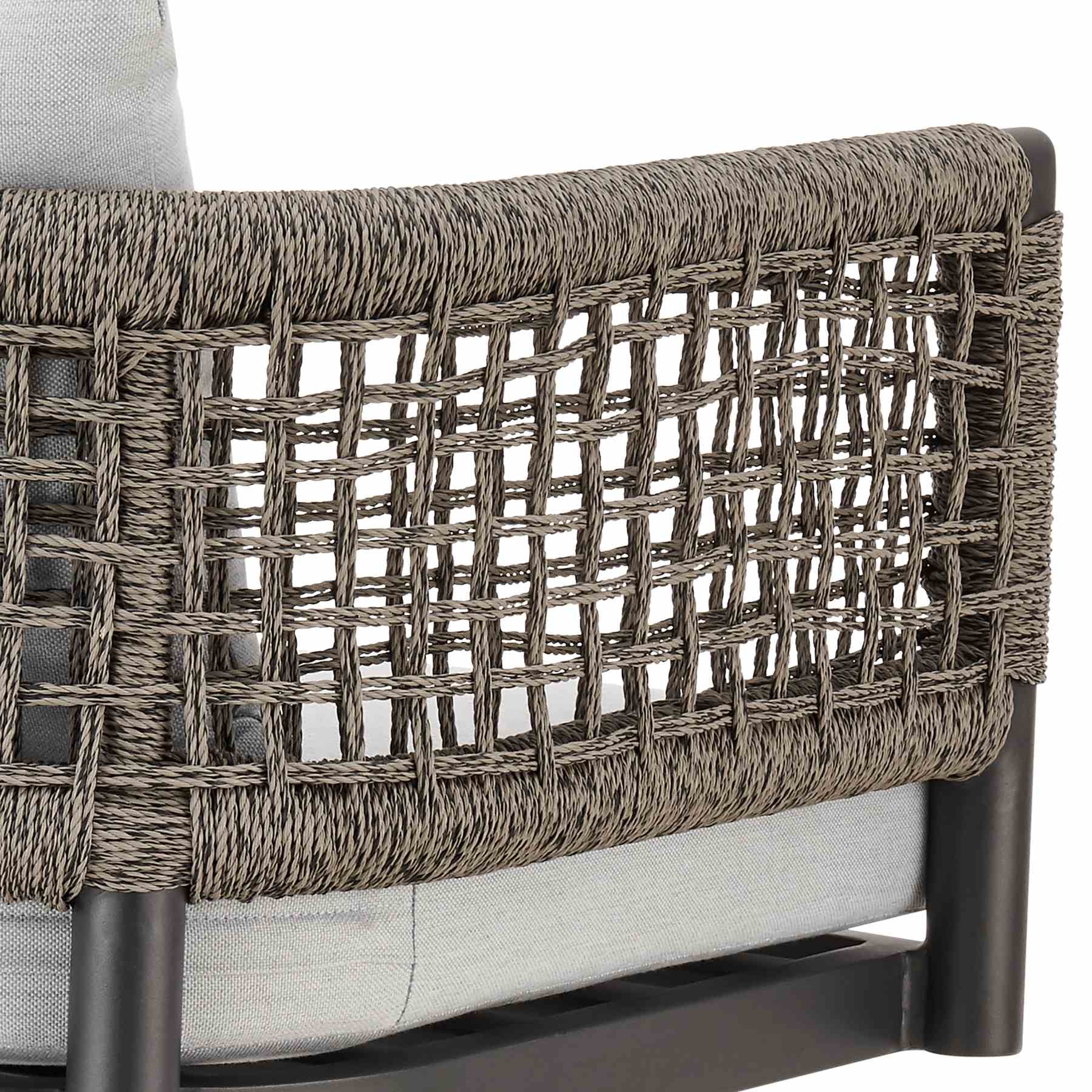 Alegria Outdoor Patio Swivel Counter Stool in Aluminum with Gray Rope and Light Gray Cushions - Image 7