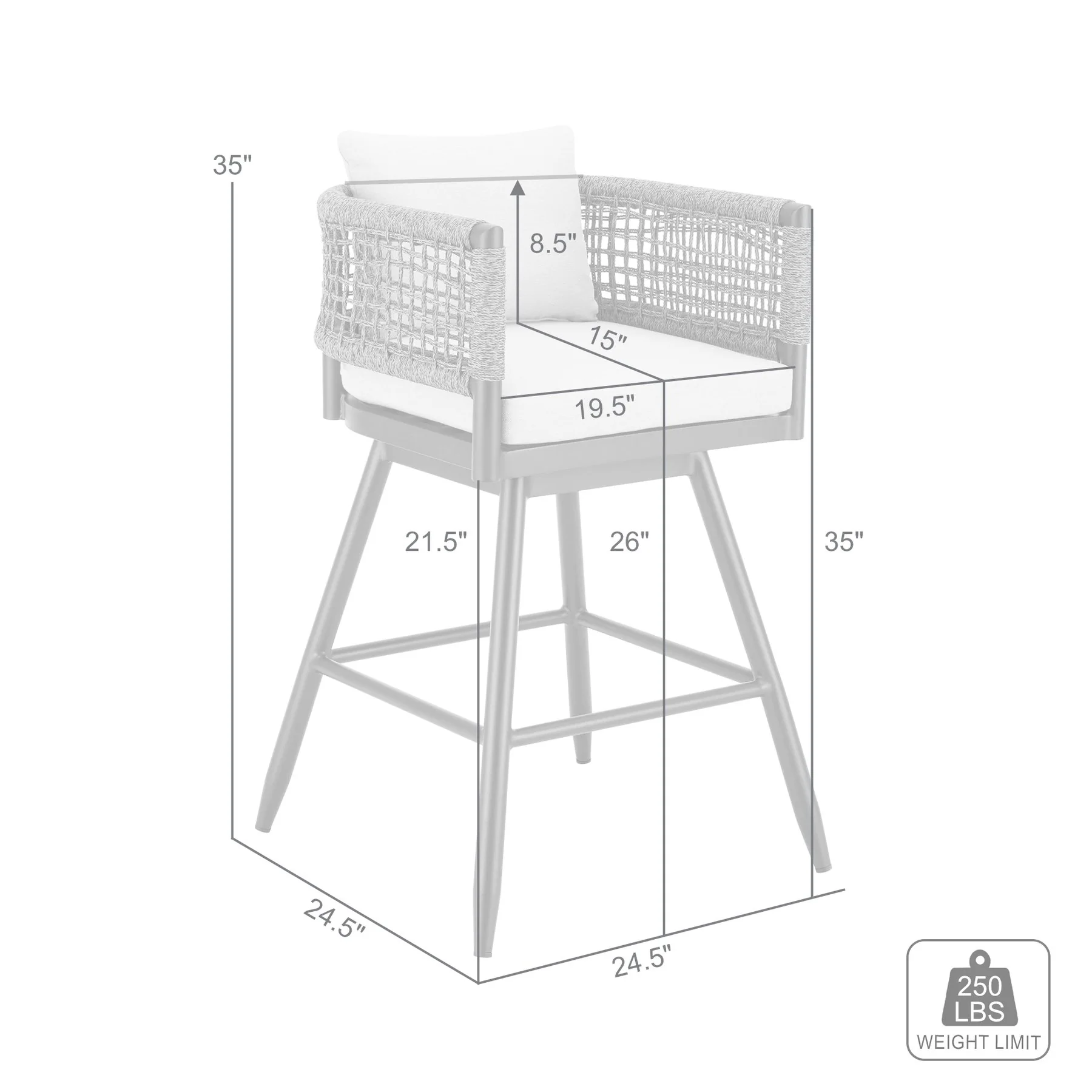 Alegria Outdoor Patio Swivel Counter Stool in Aluminum with Gray Rope and Light Gray Cushions - Image 9