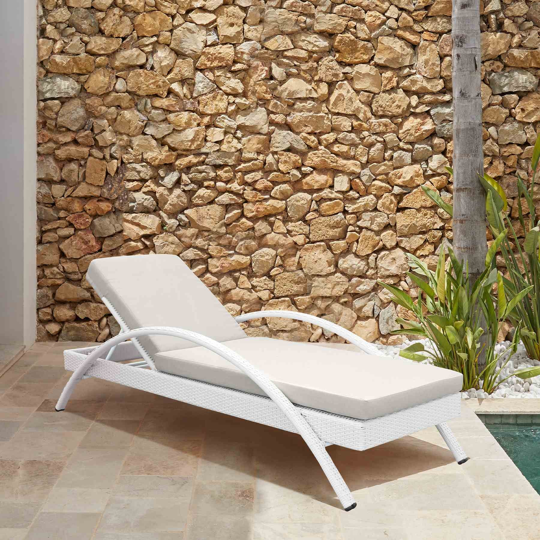 Aloha Adjustable Patio Outdoor Chaise Lounge Chair in White Wicker and Gray Cushions - Image 10