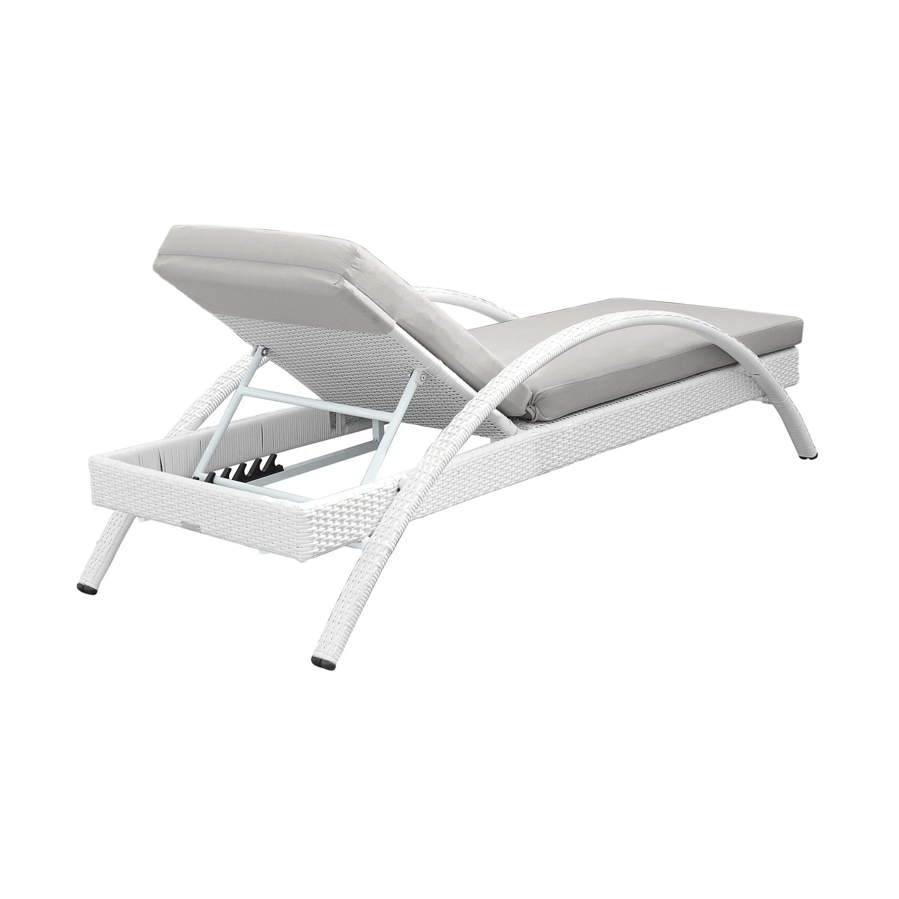 Aloha Adjustable Patio Outdoor Chaise Lounge Chair in White Wicker and Gray Cushions - Image 4
