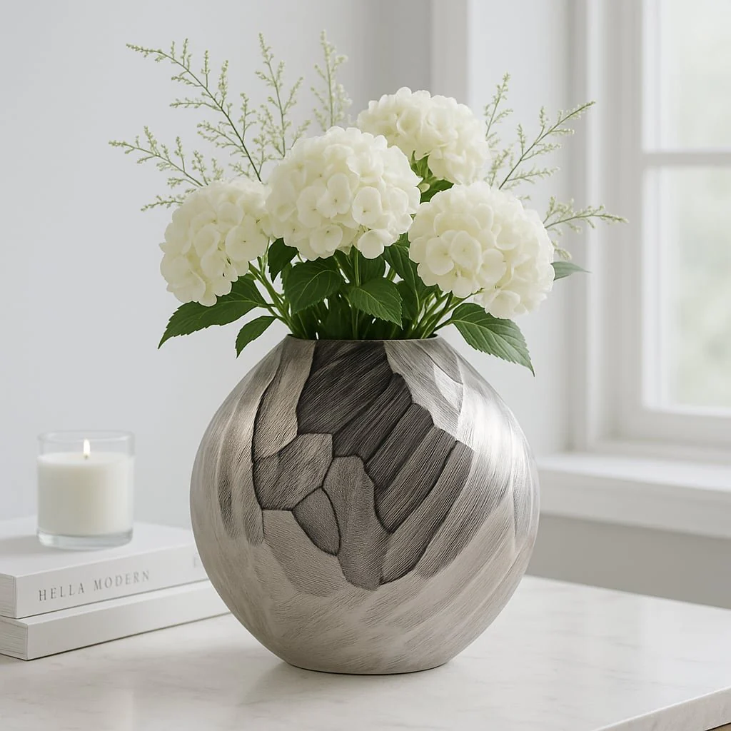 Aluminum 10"h, Hammered Vase, Silver - Image 2
