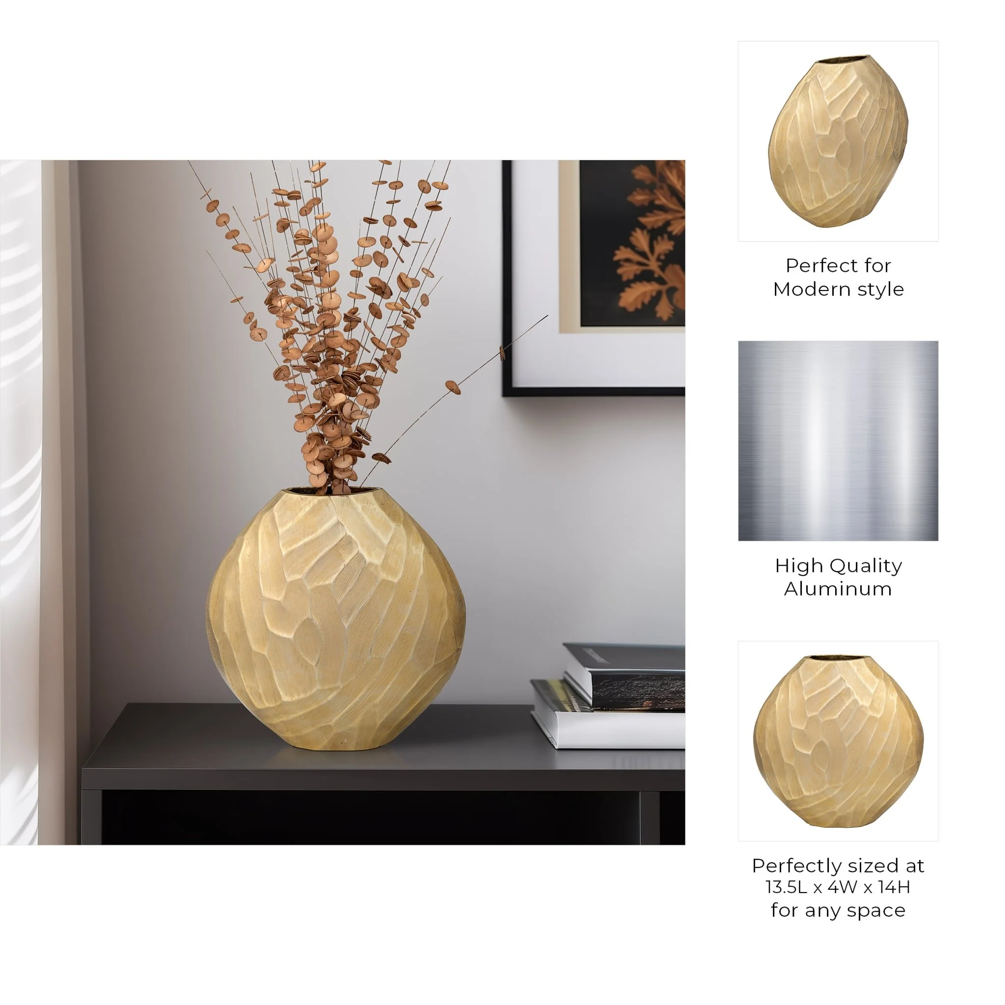 Aluminum 14"h Hammered Vase, Champagne - Image 10