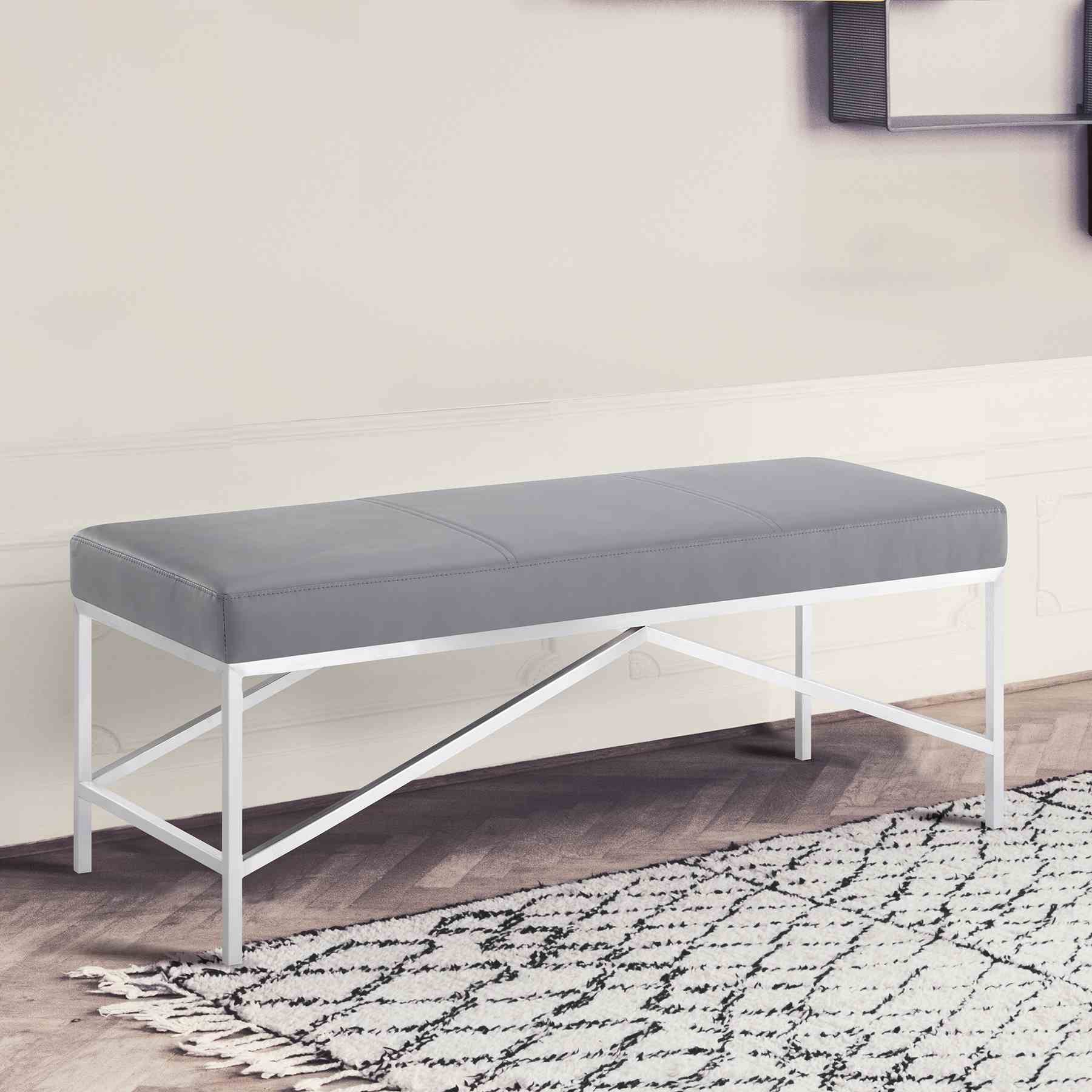 Alyssa Contemporary Bench in Brushed Stainless Steel and Gray Faux Leather - Image 2