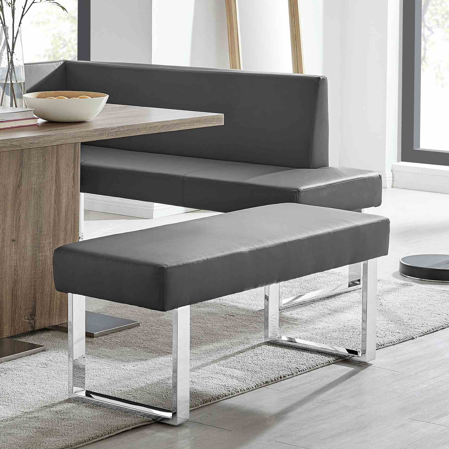 Amanda Contemporary Dining Bench in Gray Faux Leather and Chrome Finish - Image 6